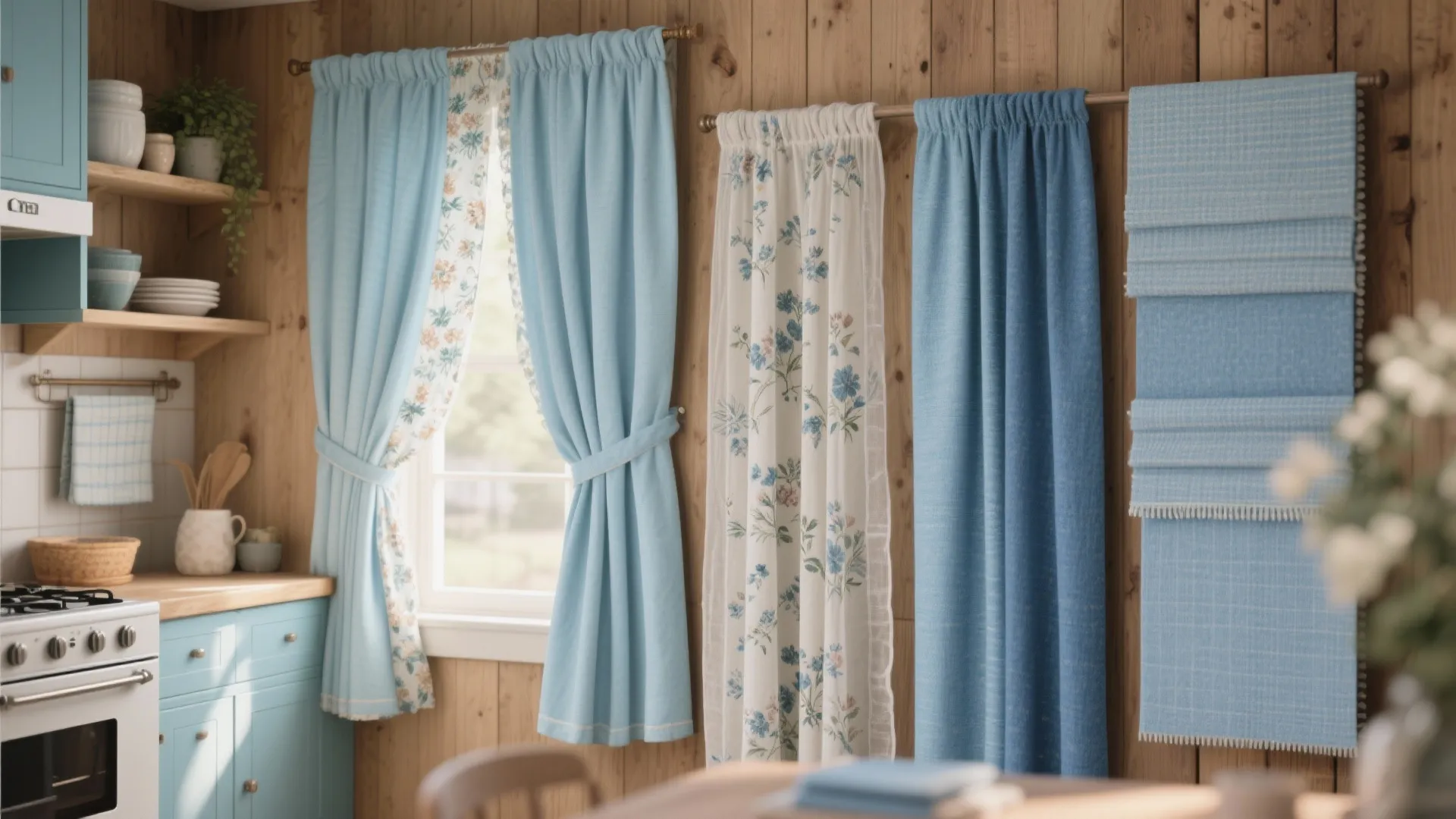 Rustic kitchen with blue curtain samples hanging on wooden wall next to a bright window