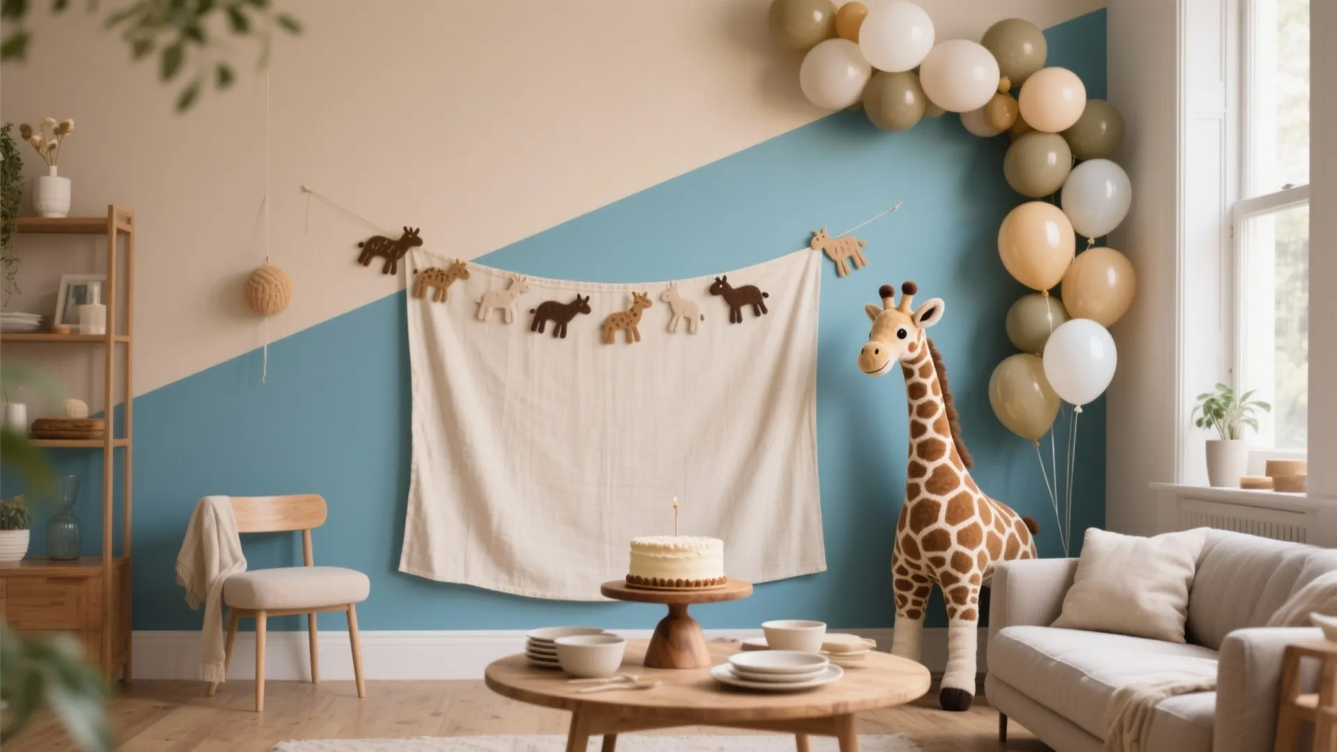 Soft Blue + Sand Safari Backdrop and Balloons