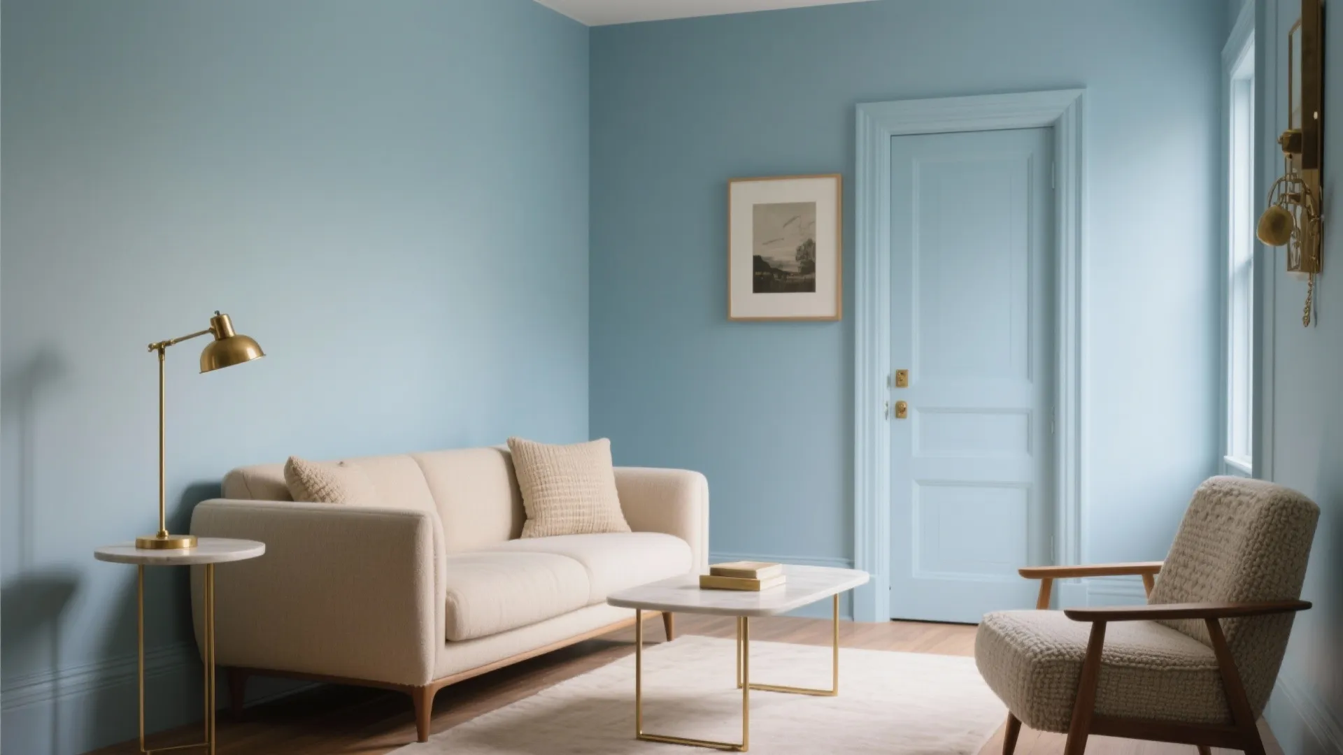 5) Cool calm + warm metals: powder blue, sand, and brass