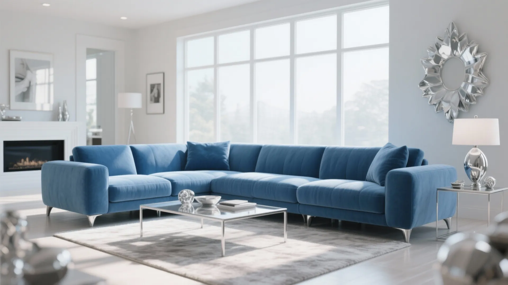 8. Blue Sectional with Chrome Legs