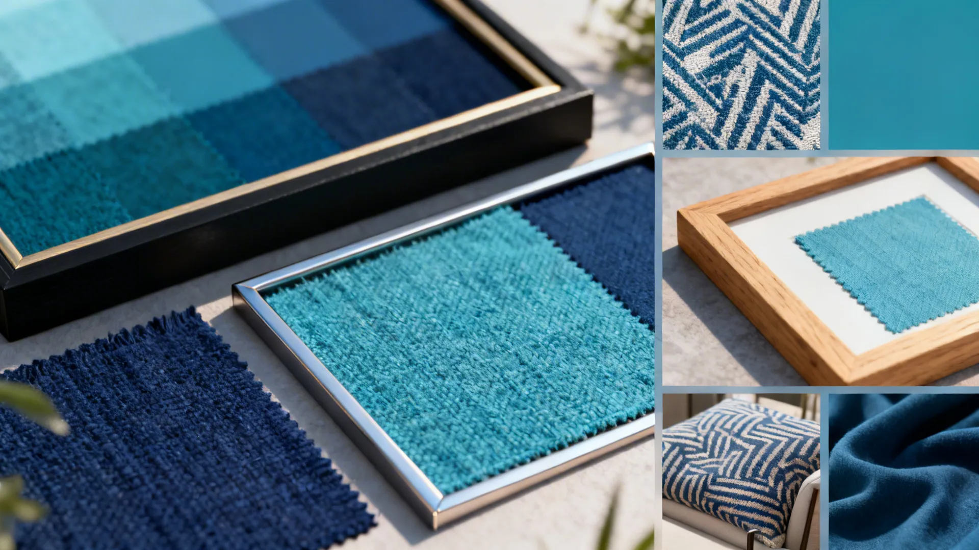 Collage of blue shades and frame styles including black, natural wood and metal examples.