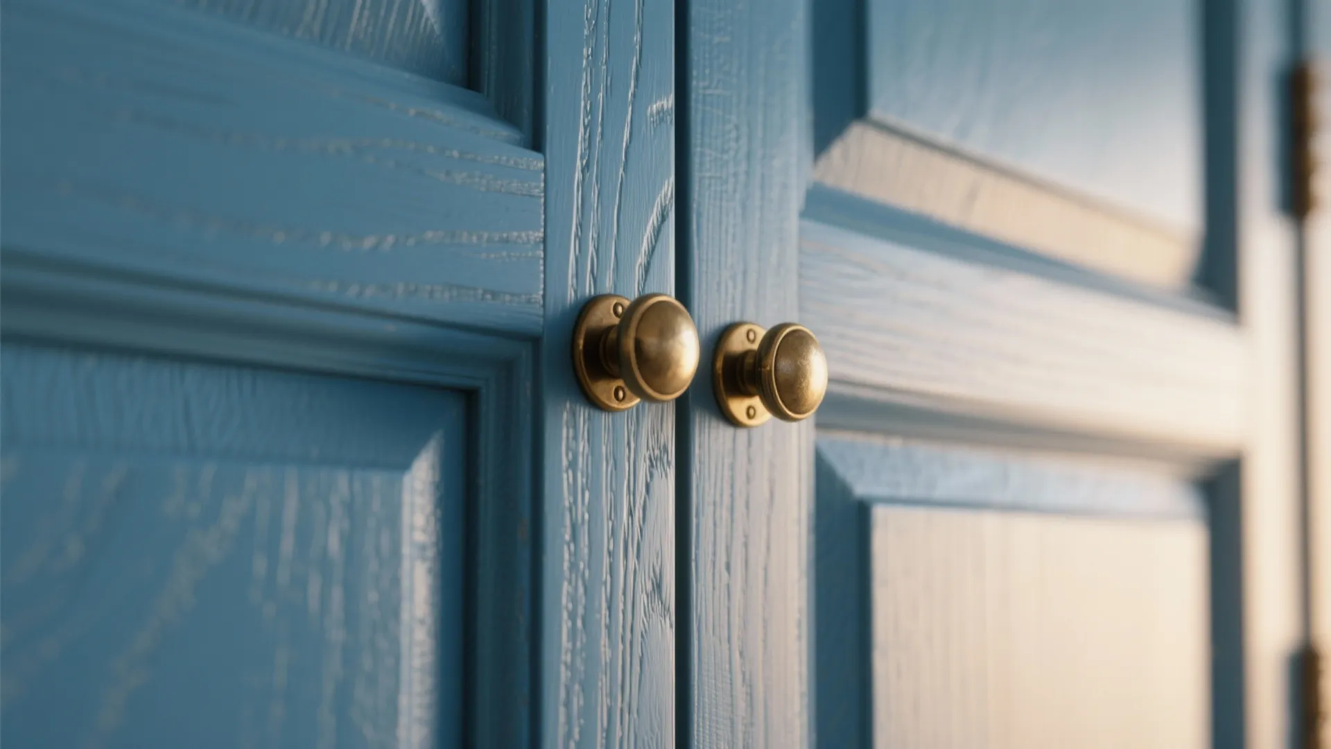 Close-up of blue shaker cabinet door with brass pull showing paint texture and profile.