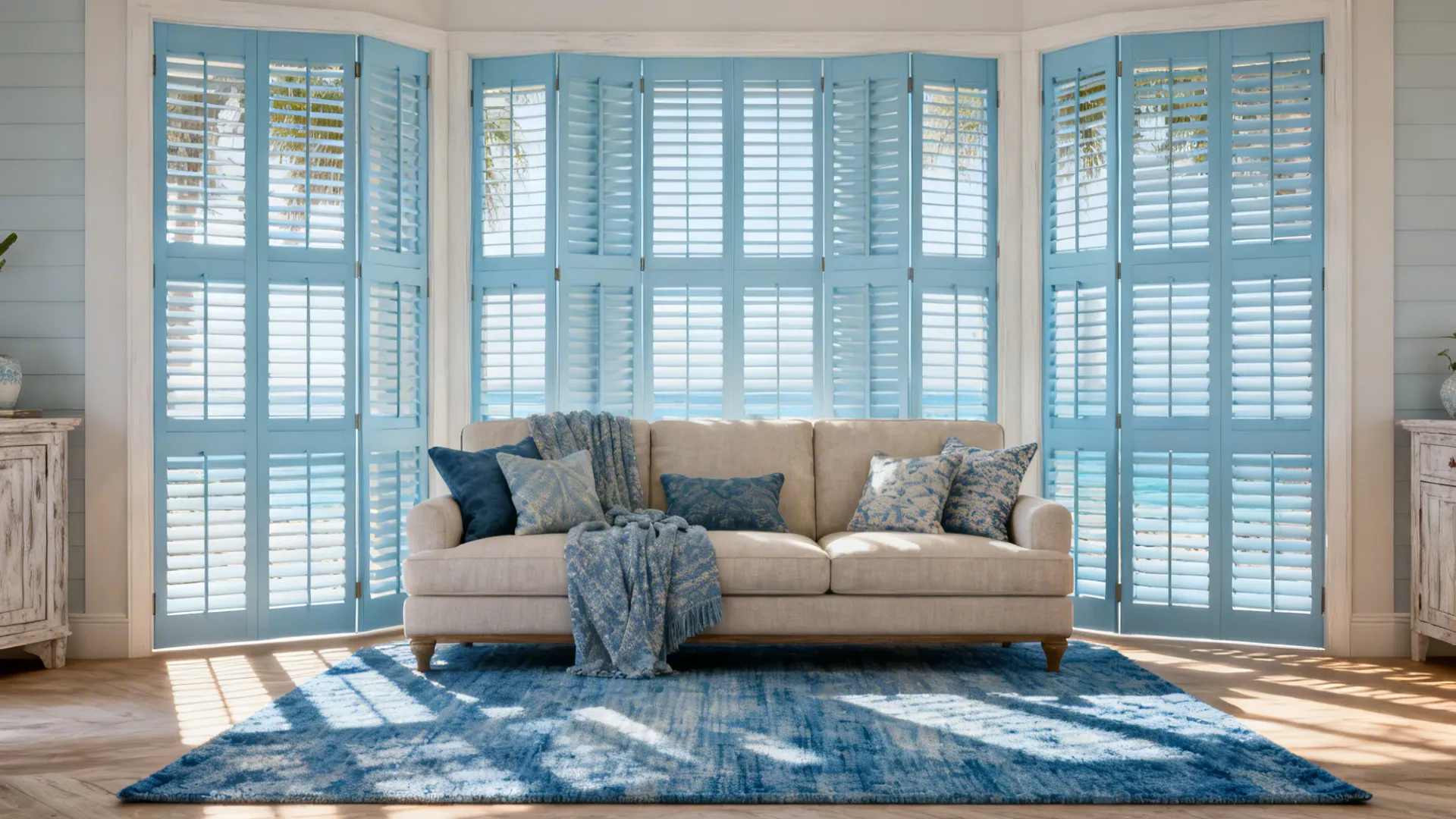 Coastal living room with soft blue painted plantation shutters coordinating with sofa and rug