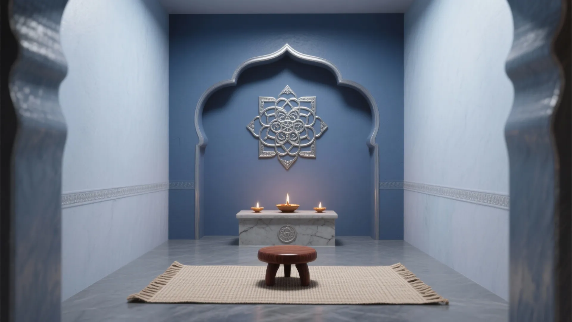 Blue meditation room with silver wall decoration marble altar small wooden stool and a rug