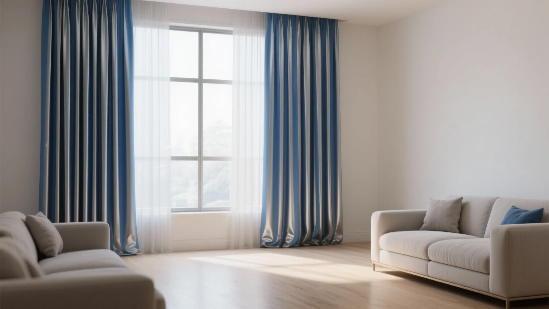 8. Blue and Silver Striped Curtains