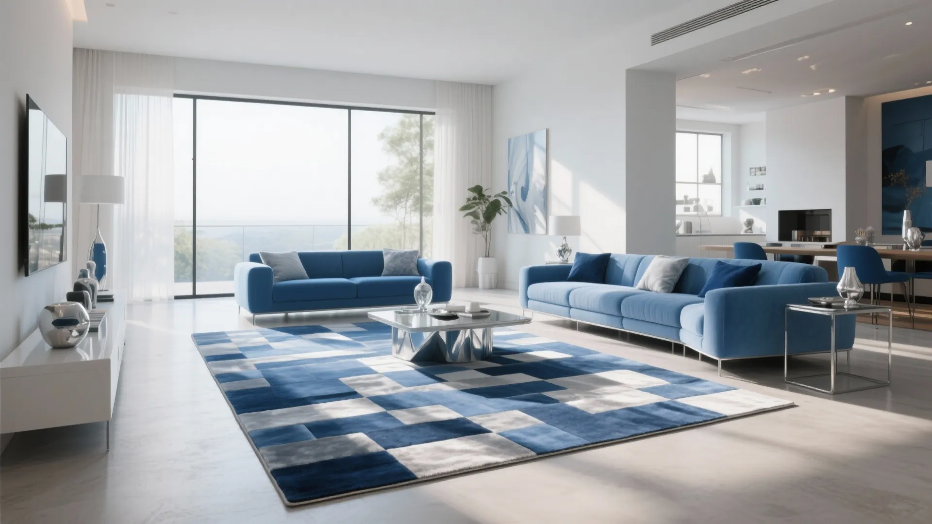 3. Blue and Silver Geometric Rug