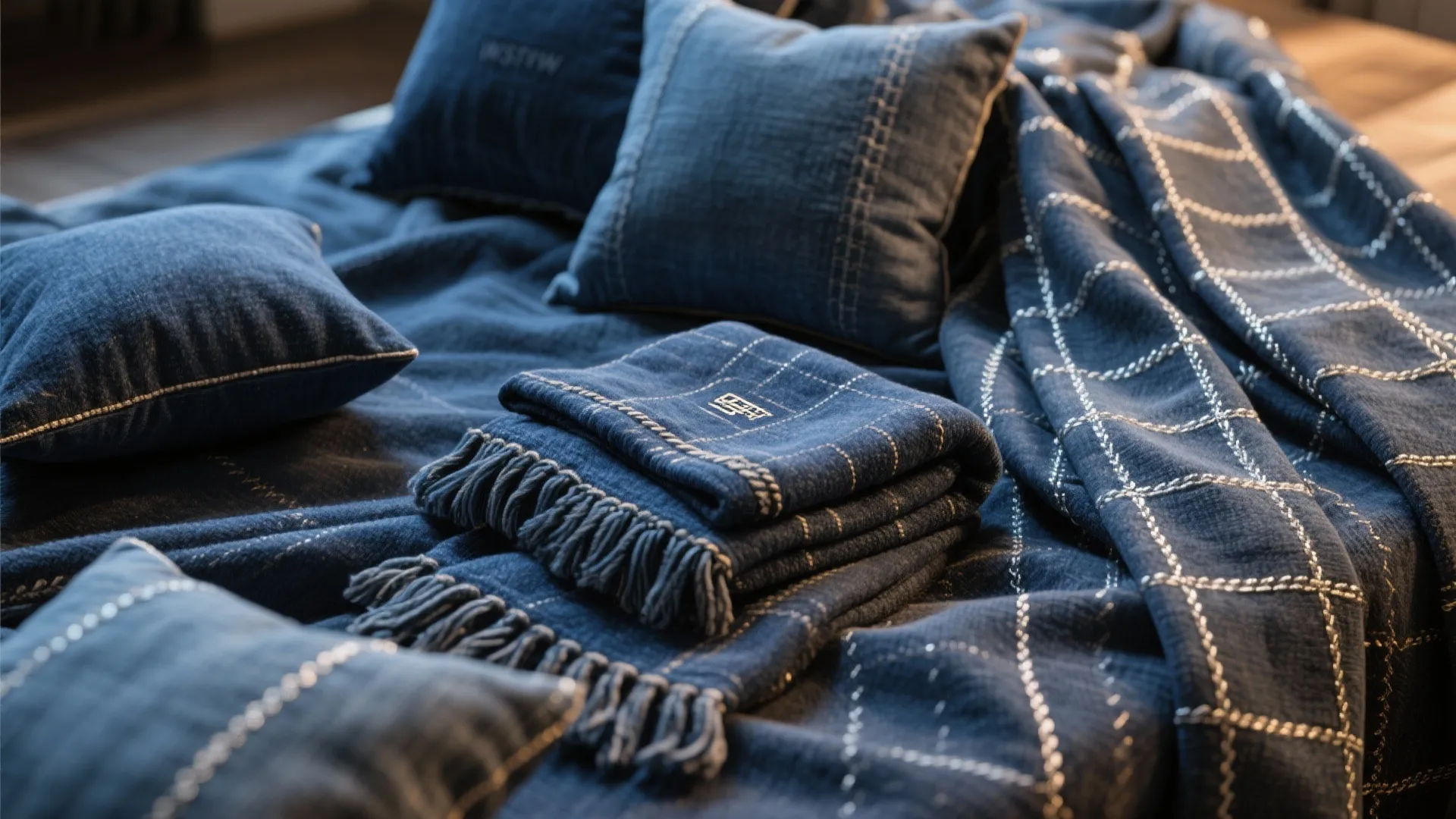 5. Layered Blue Textiles with Silver Threading