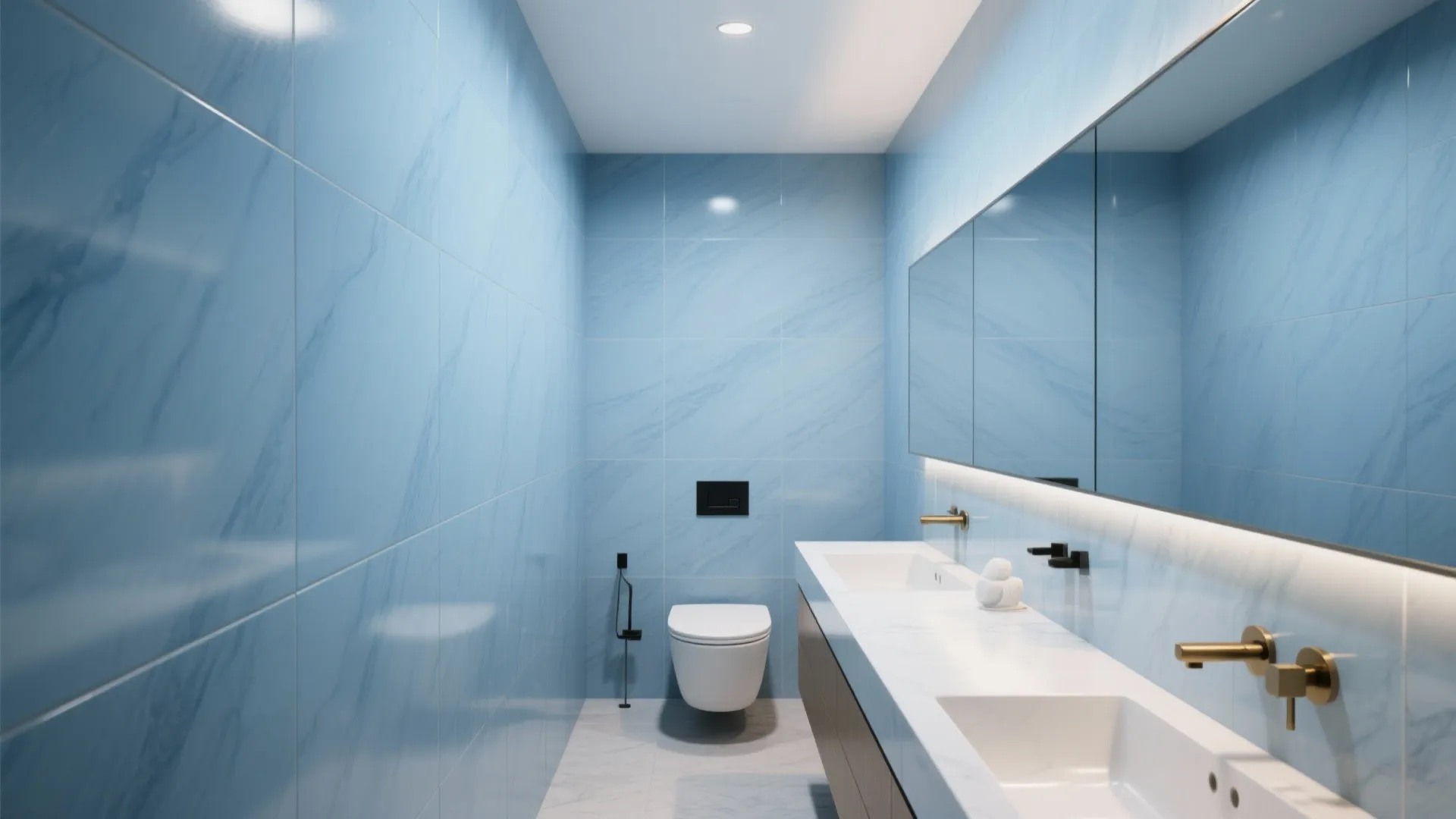 Small modern bathroom featuring blue marble wall tiles white toilet white double sink gold faucets