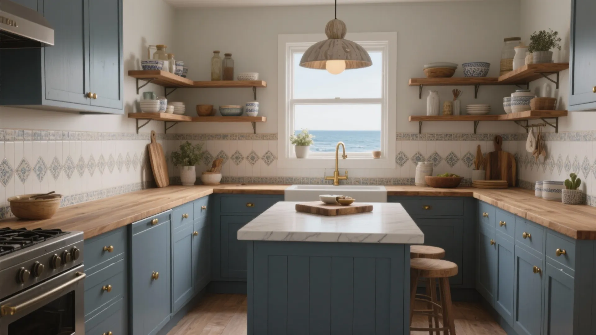 Blue kitchen with wooden countertops white tiles open shelves central island stool and large ceiling light