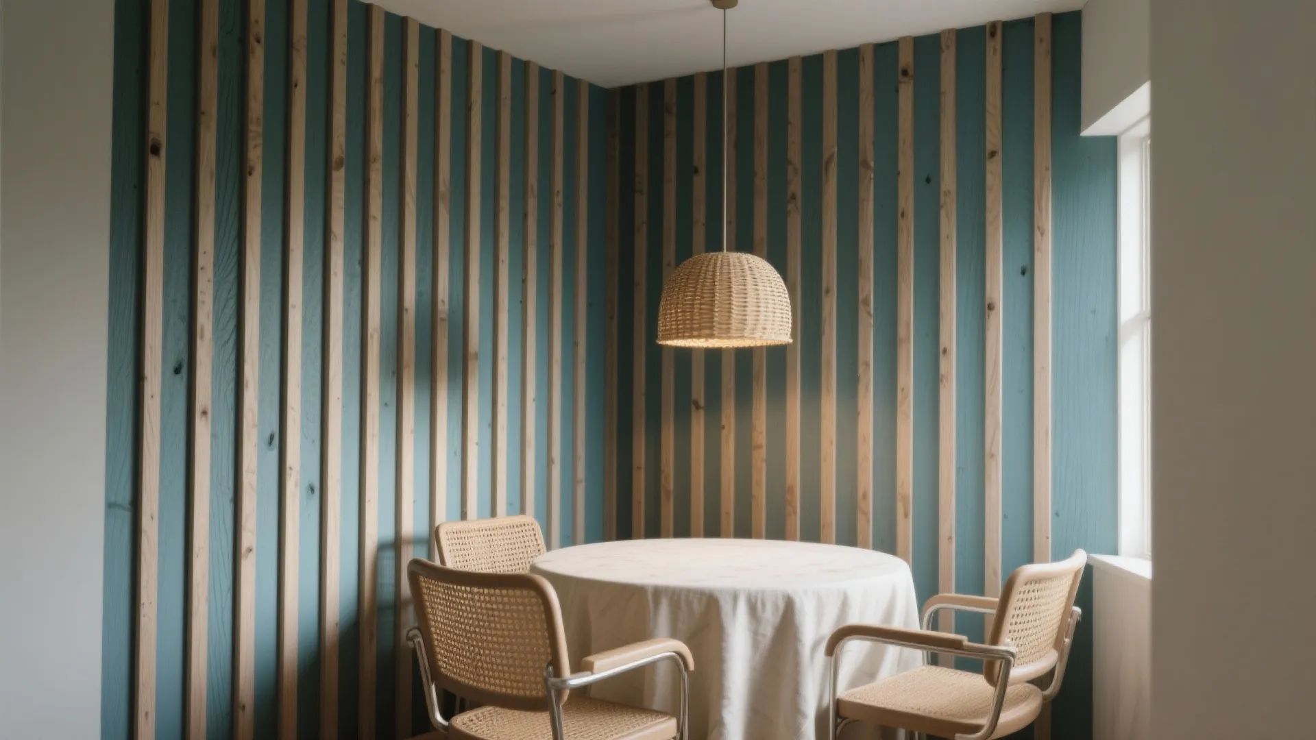 Dining area with round white table woven chairs hanging ceiling light and blue wooden panels