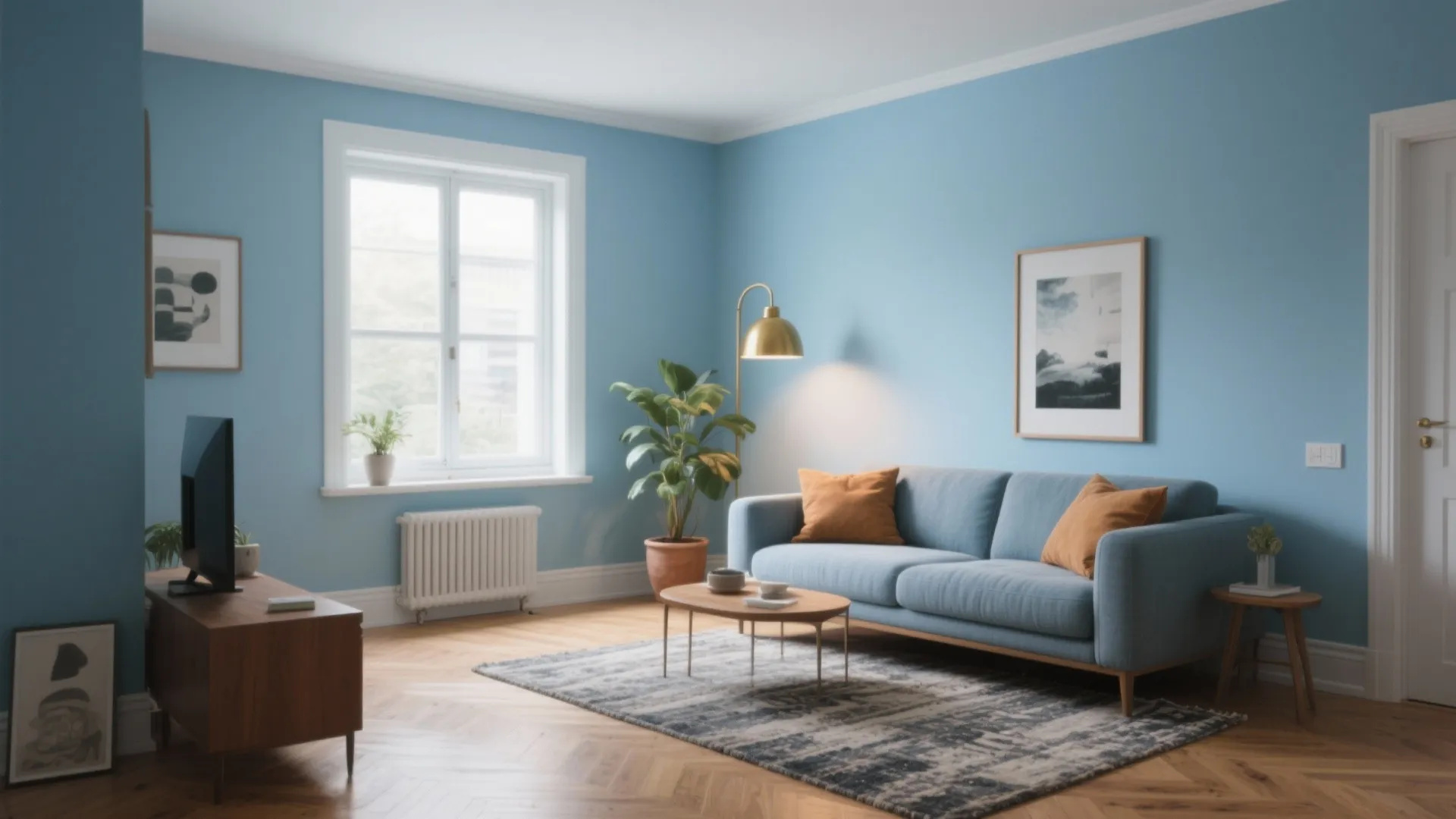 Bright light blue living room with fabric sofa wooden floor rug and large white window