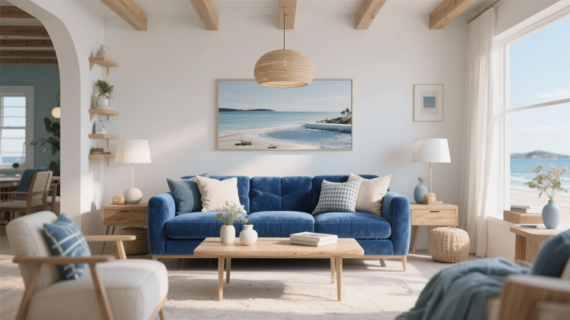 Blue velvet sofa in bright living room with beach painting wooden coffee table and ceiling light