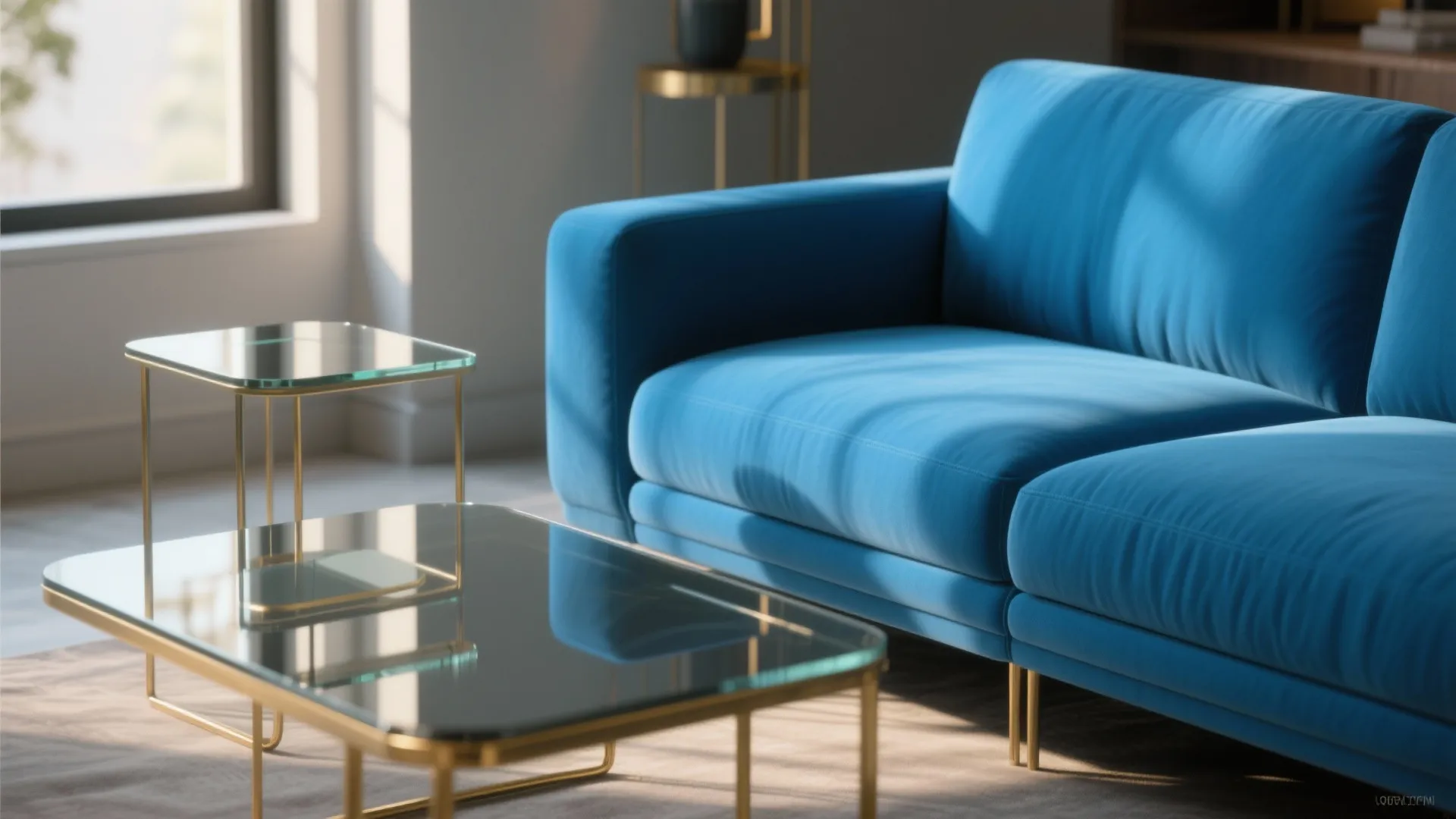 4. Blue sofa paired with glass and metal side tables