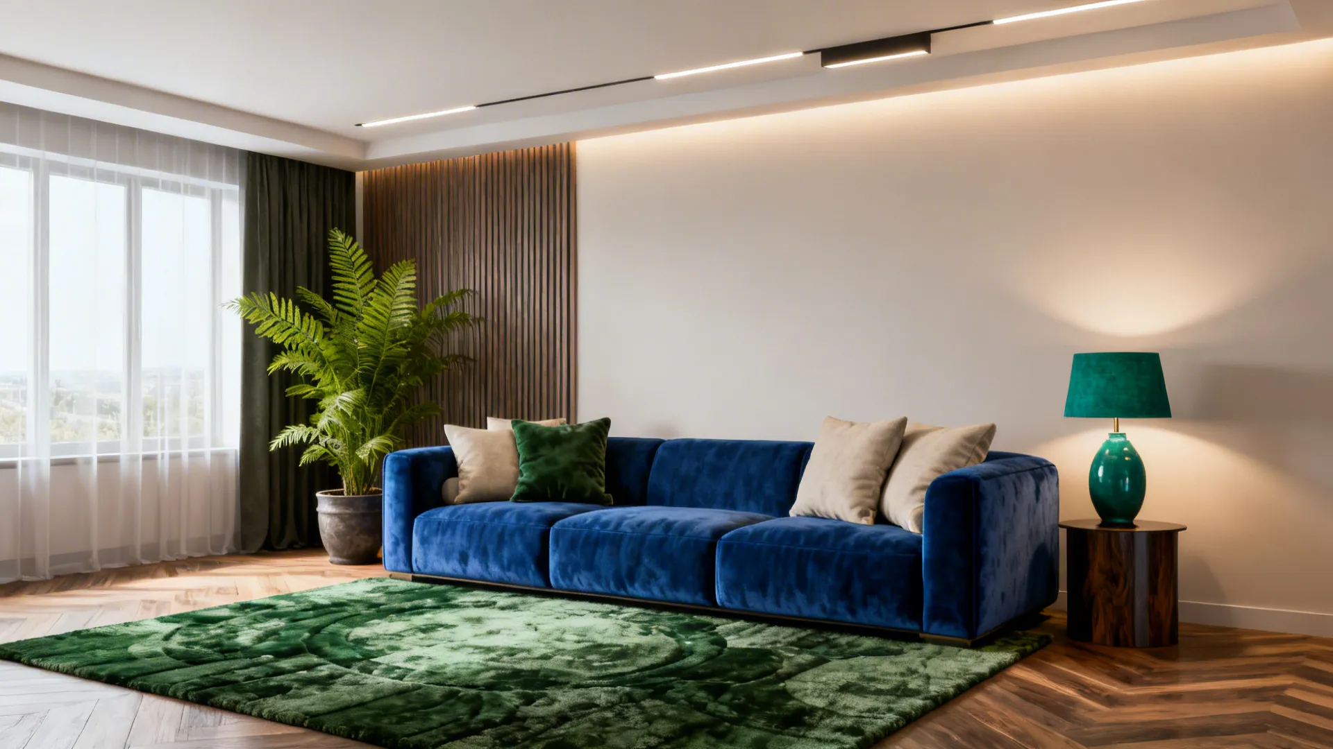 Blue sofa with green accessories and layered lighting in a compact living room