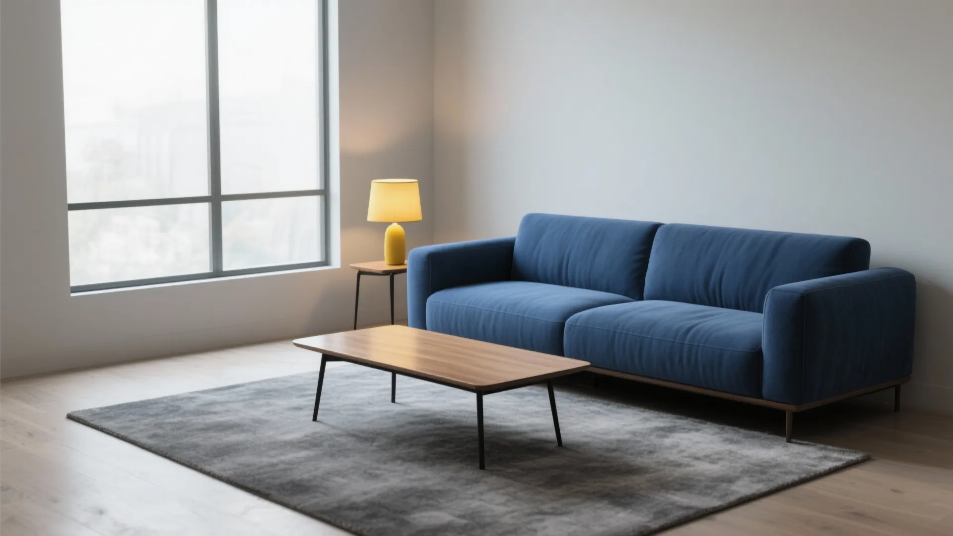 Blue sofa on a grey rug with yellow lamp and accessories, modern seating area.
