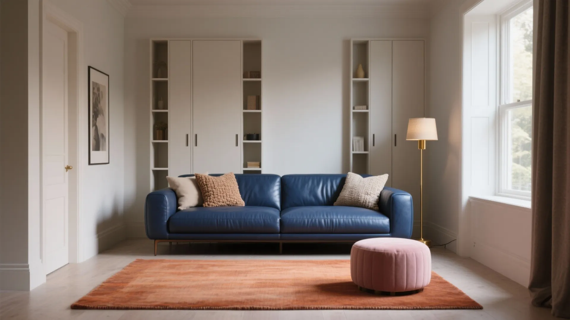 Living room with blue sofa orange rug pink footrest white cabinets floor lamp and windows