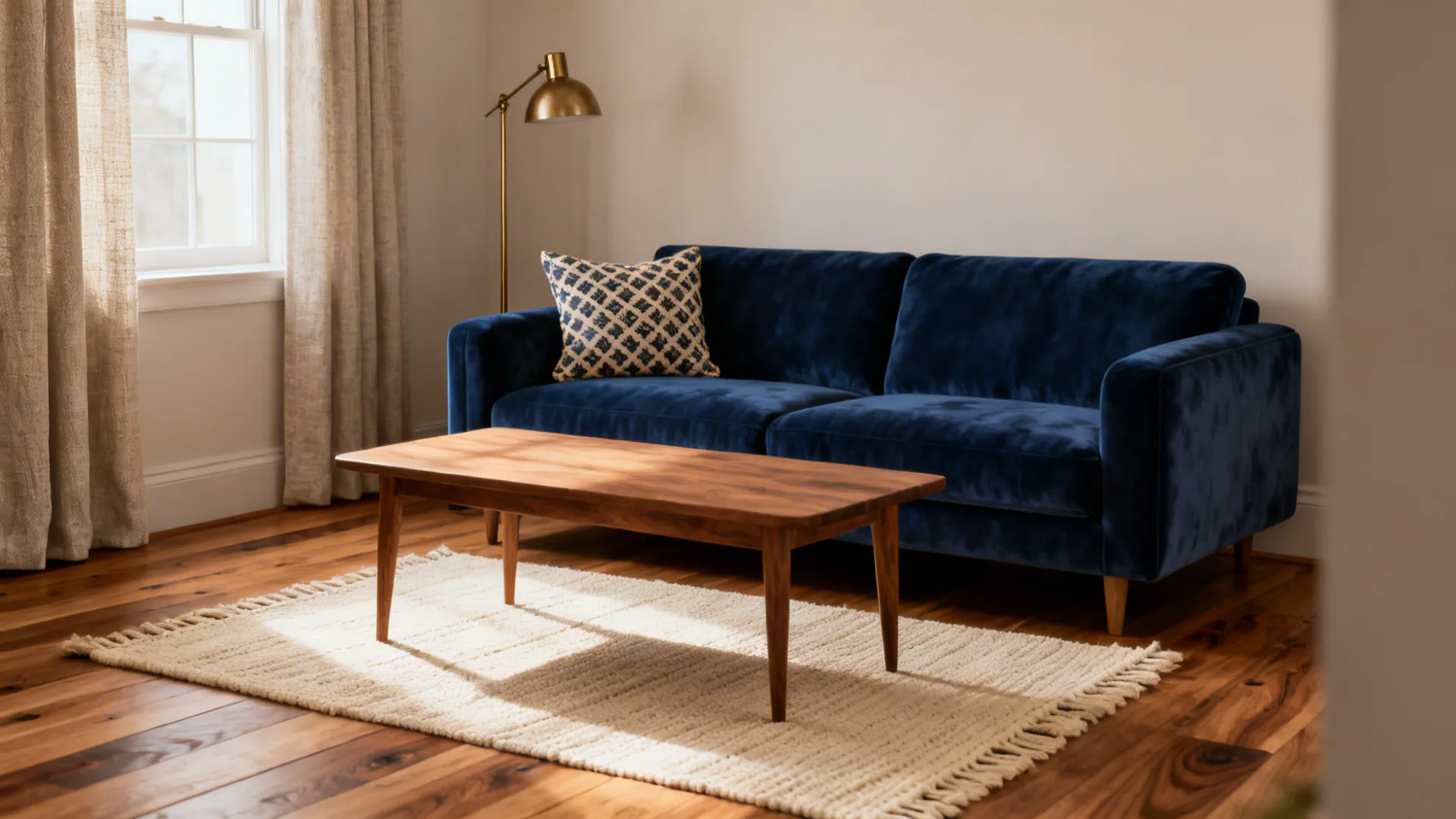 Modern living room with blue sofa wooden coffee table white rug and gold floor lamp