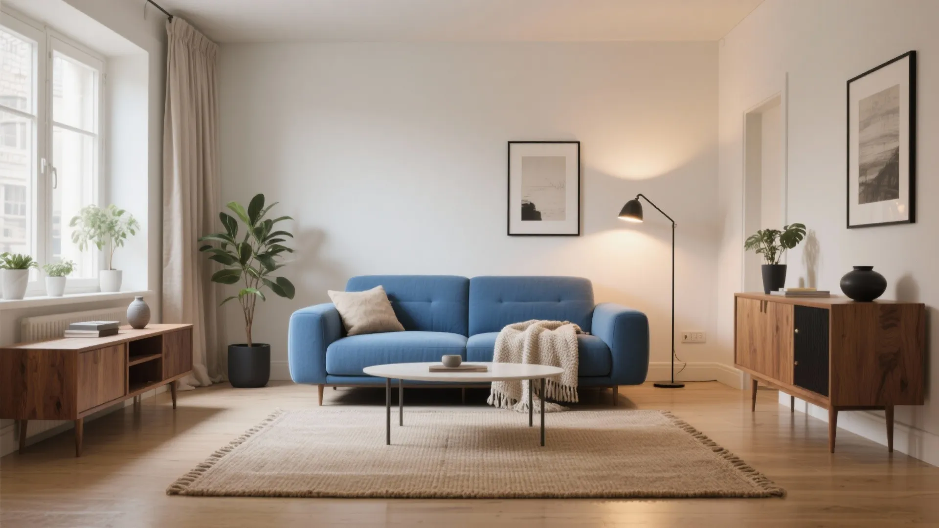 Modern bright living room with blue sofa white coffee table wooden cabinet and floor light fixture