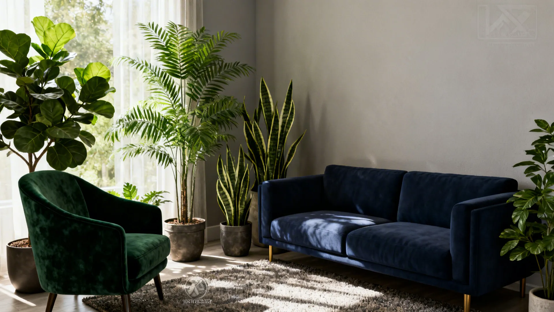 Modern living room with dark blue sofa green velvet armchair and several large indoor potted plants