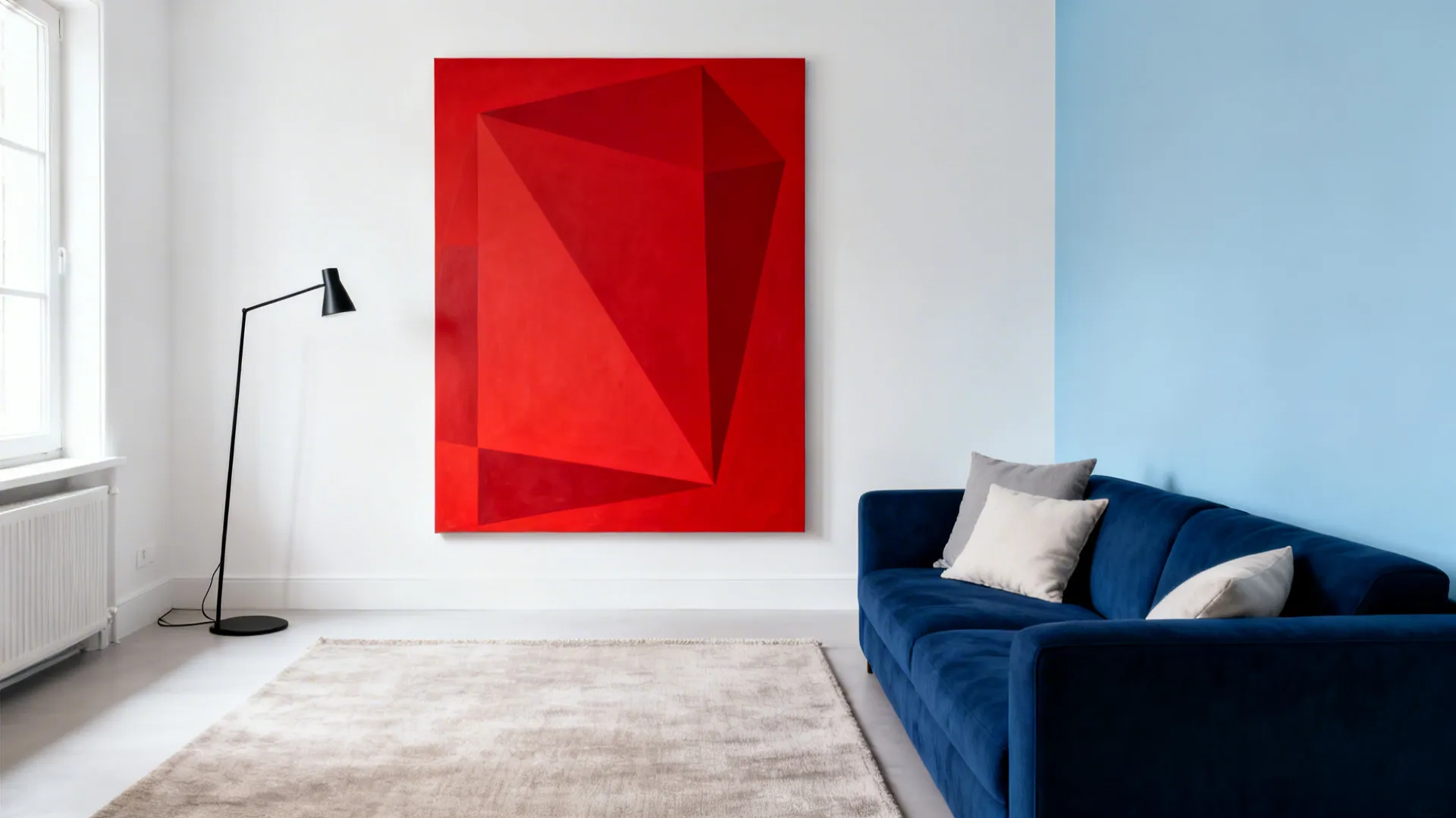 Compact living room with a marine-blue sofa and large red geometric artwork as the focal point.