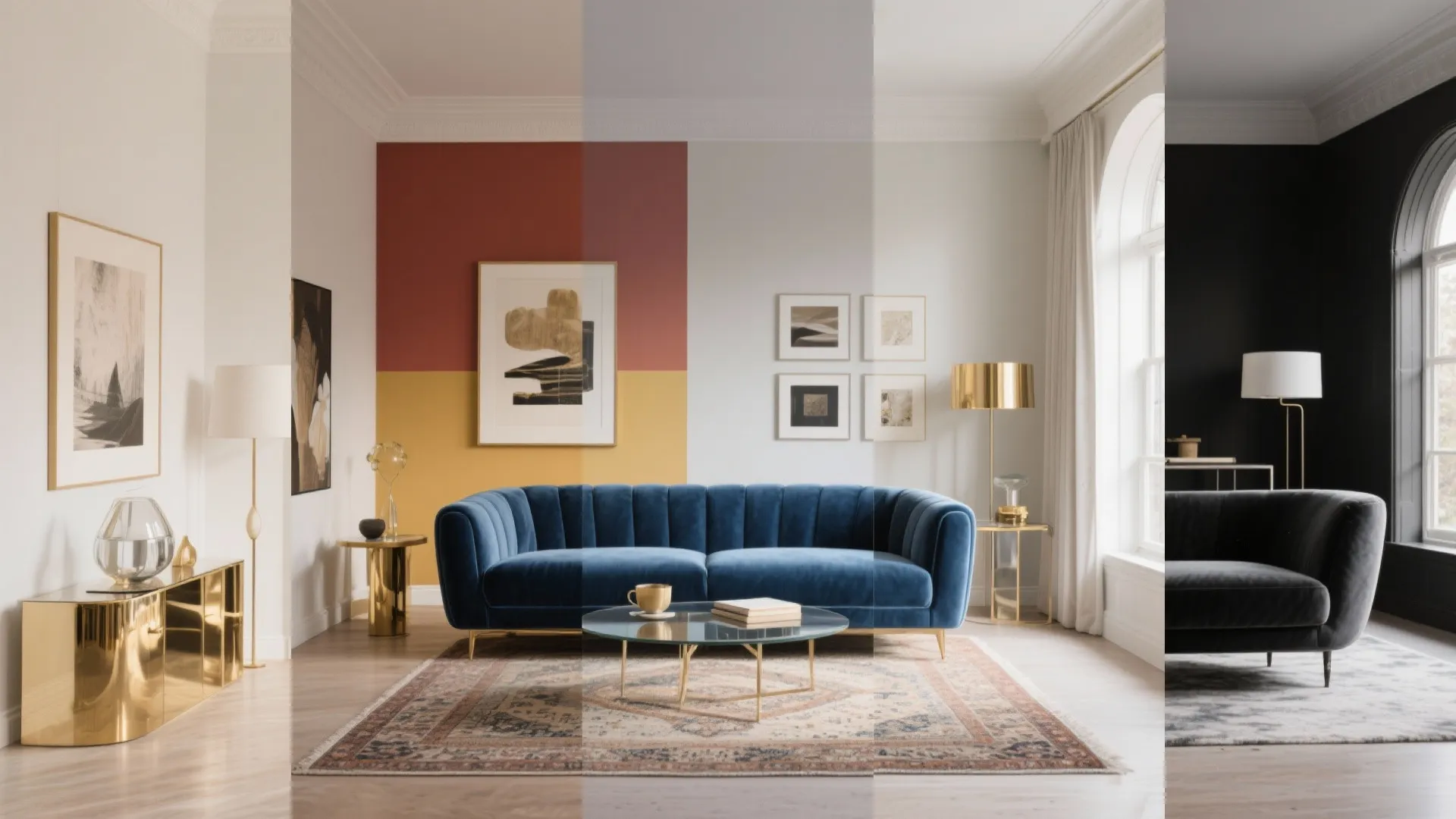 Multiple interior design color options for a living room with blue sofa and coffee table