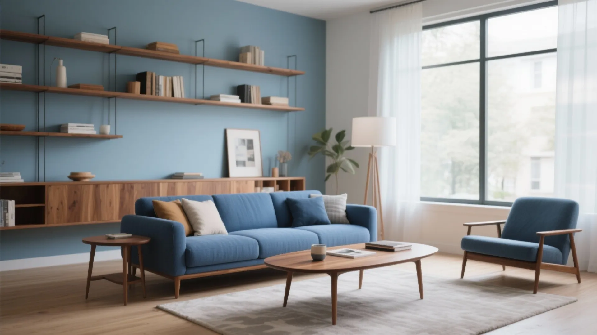 6. Blue Sofa + Wooden Accents