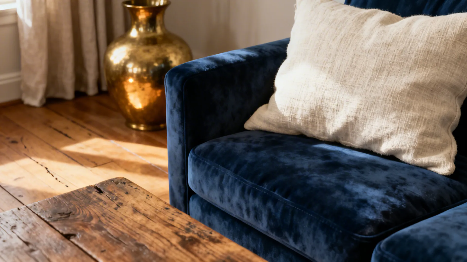 Close up view of blue sofa with white pillow wooden coffee table and gold vase