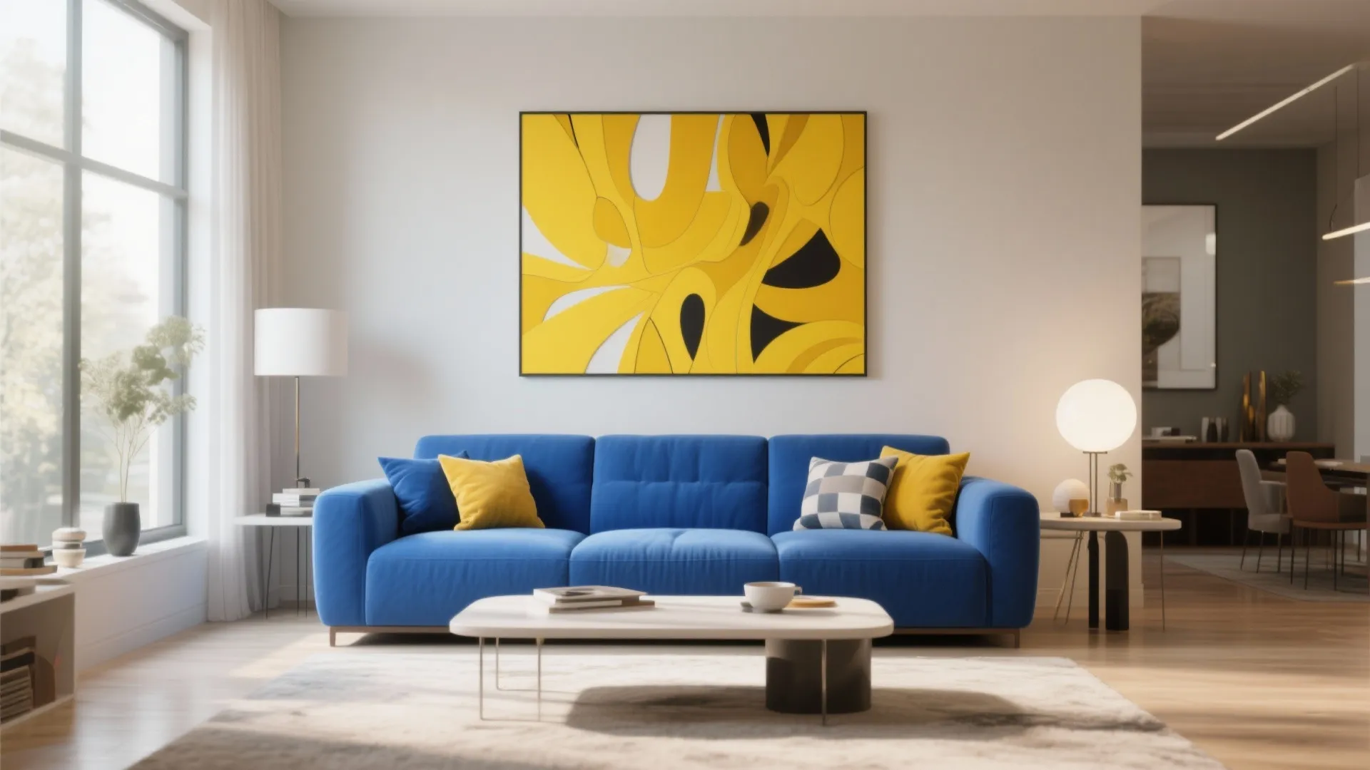 4. Blue Feature Sofa with Yellow Art Accents