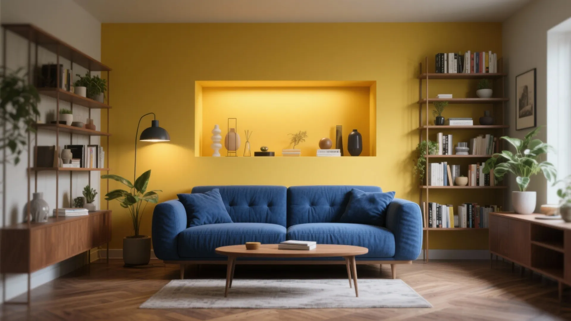 4. Blue Sofa + Yellow Accent Wall