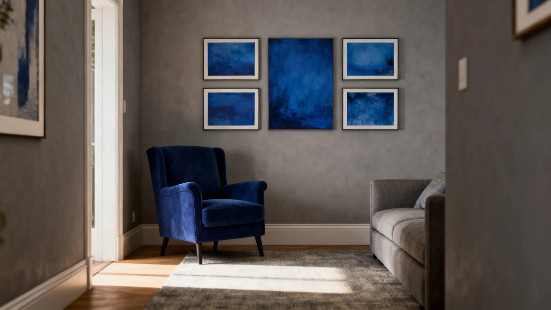 Deep blue armchair as a focal point in a gray living room with coordinated blue accents.