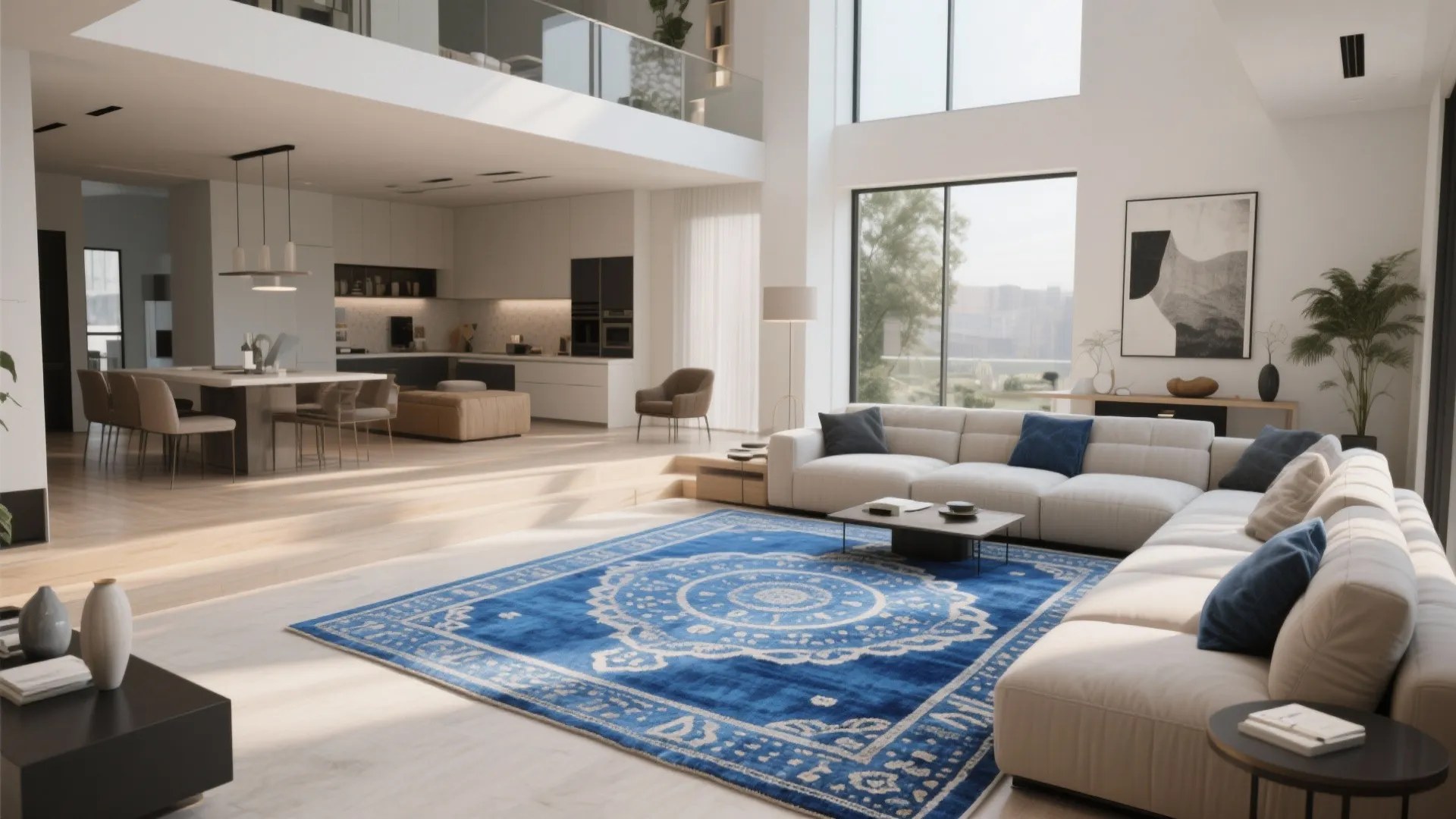 Modern living room with white sofa high ceiling wooden floor and large blue patterned rug