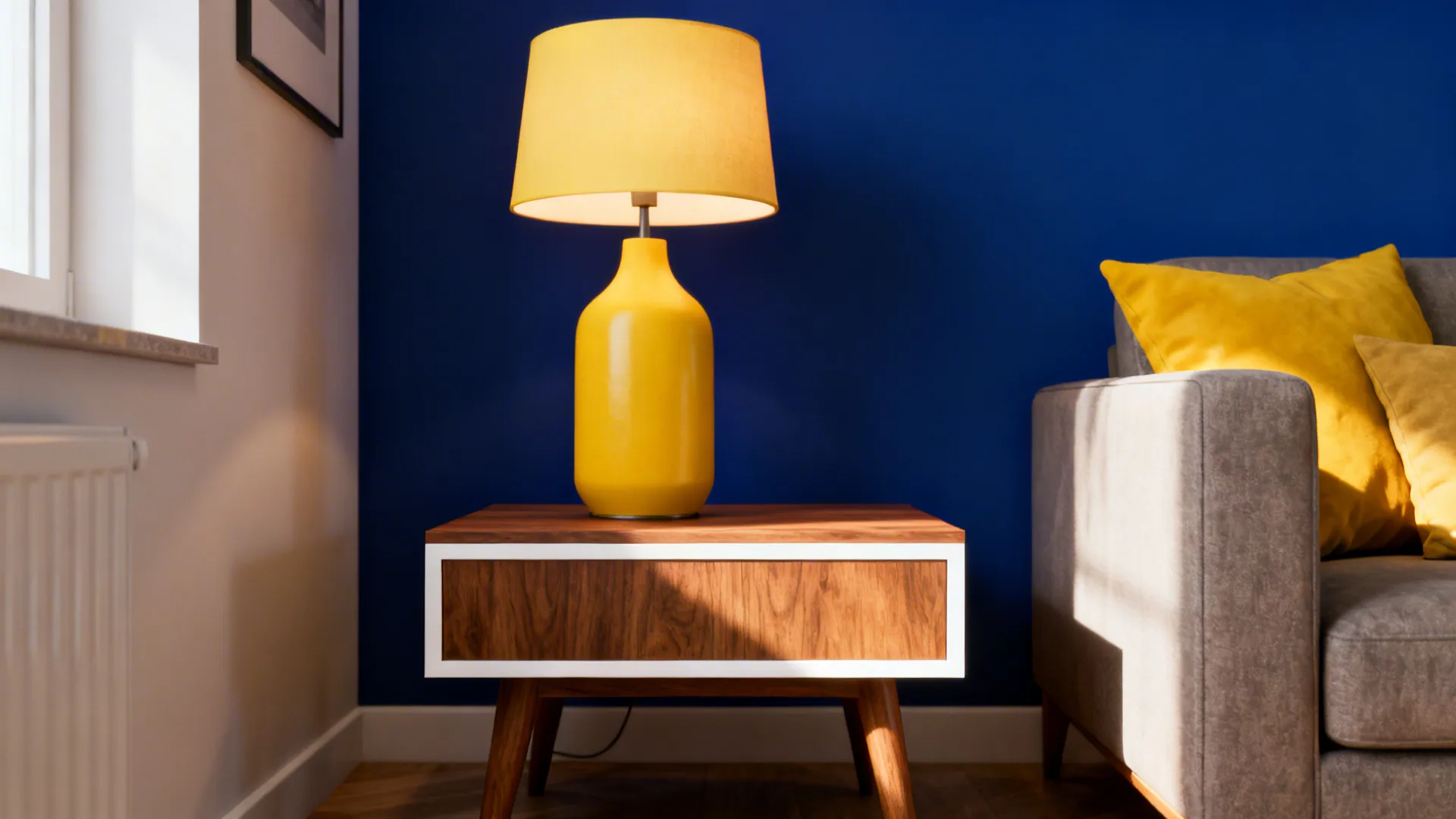 Royal blue statement wall with yellow lamp and cushions in a small living room