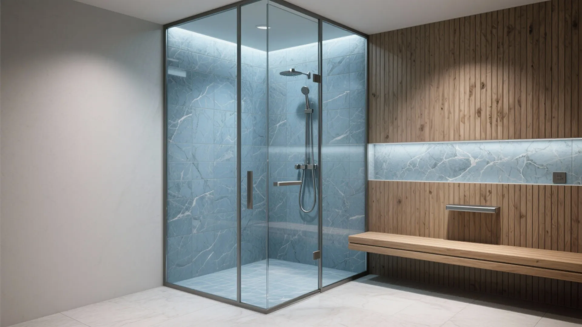 3. Mixed-material shower: glass, blue stone, and wood