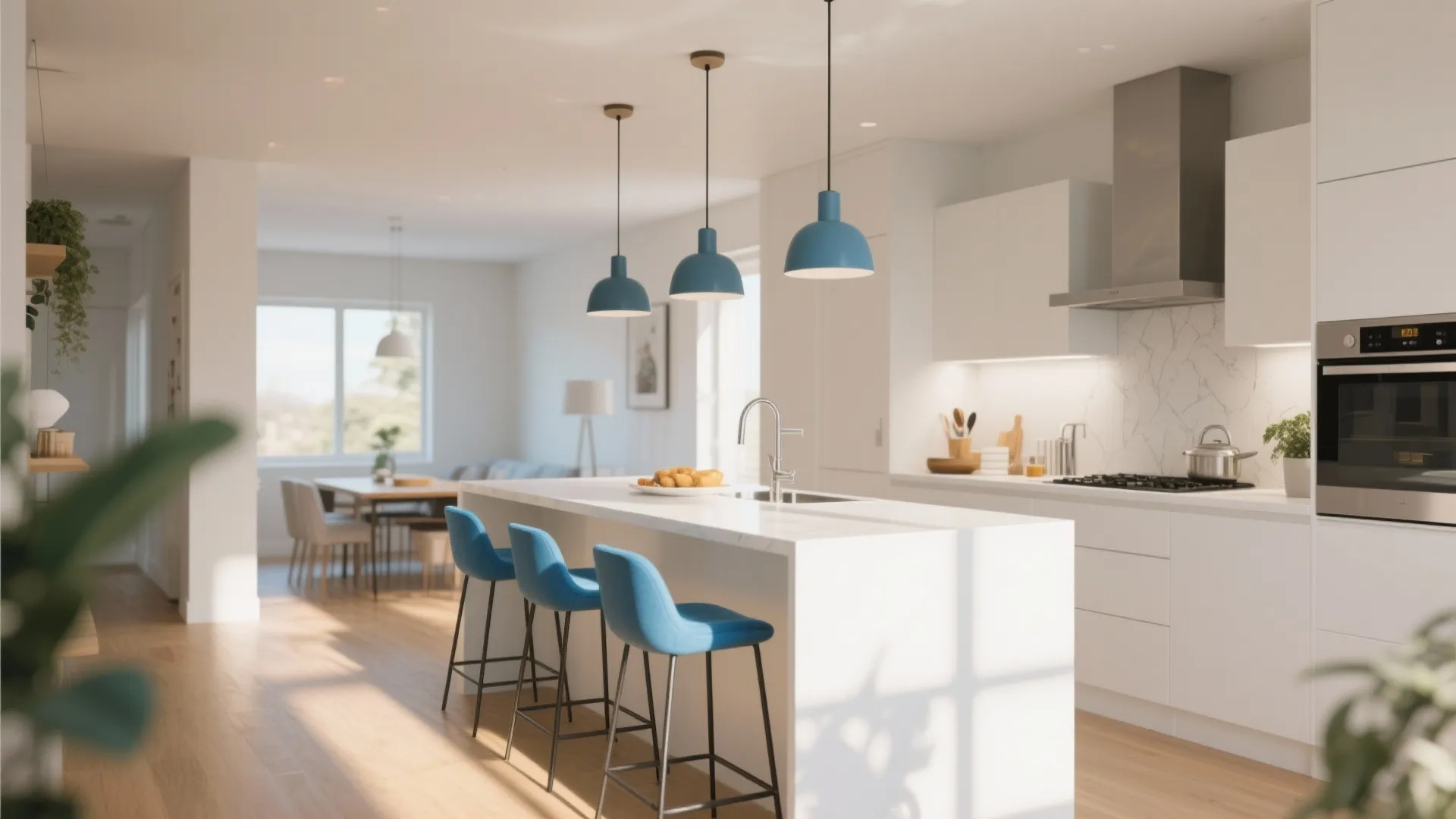 8. Blue Bar Stools at a White Breakfast Bar