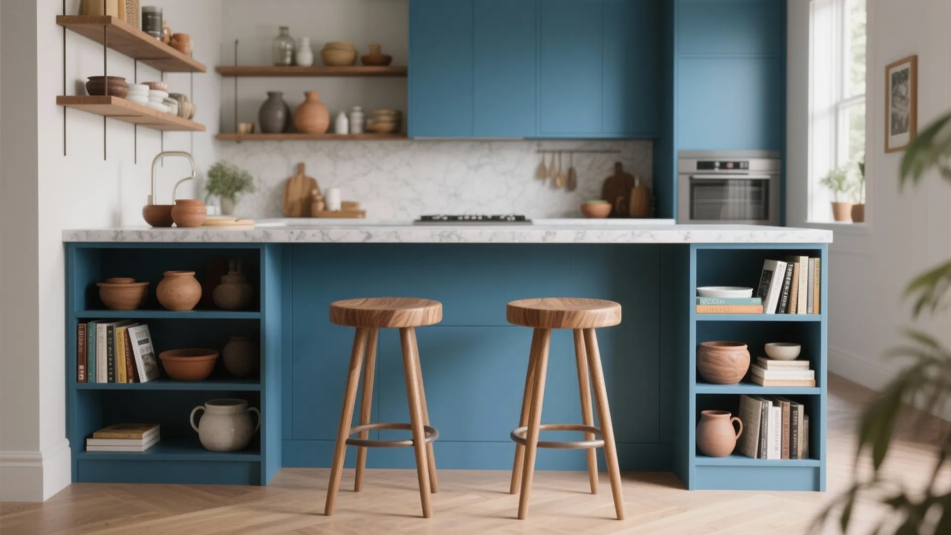 Blue island with open shelving and a slim breakfast bar with two stools in a small kitchen.