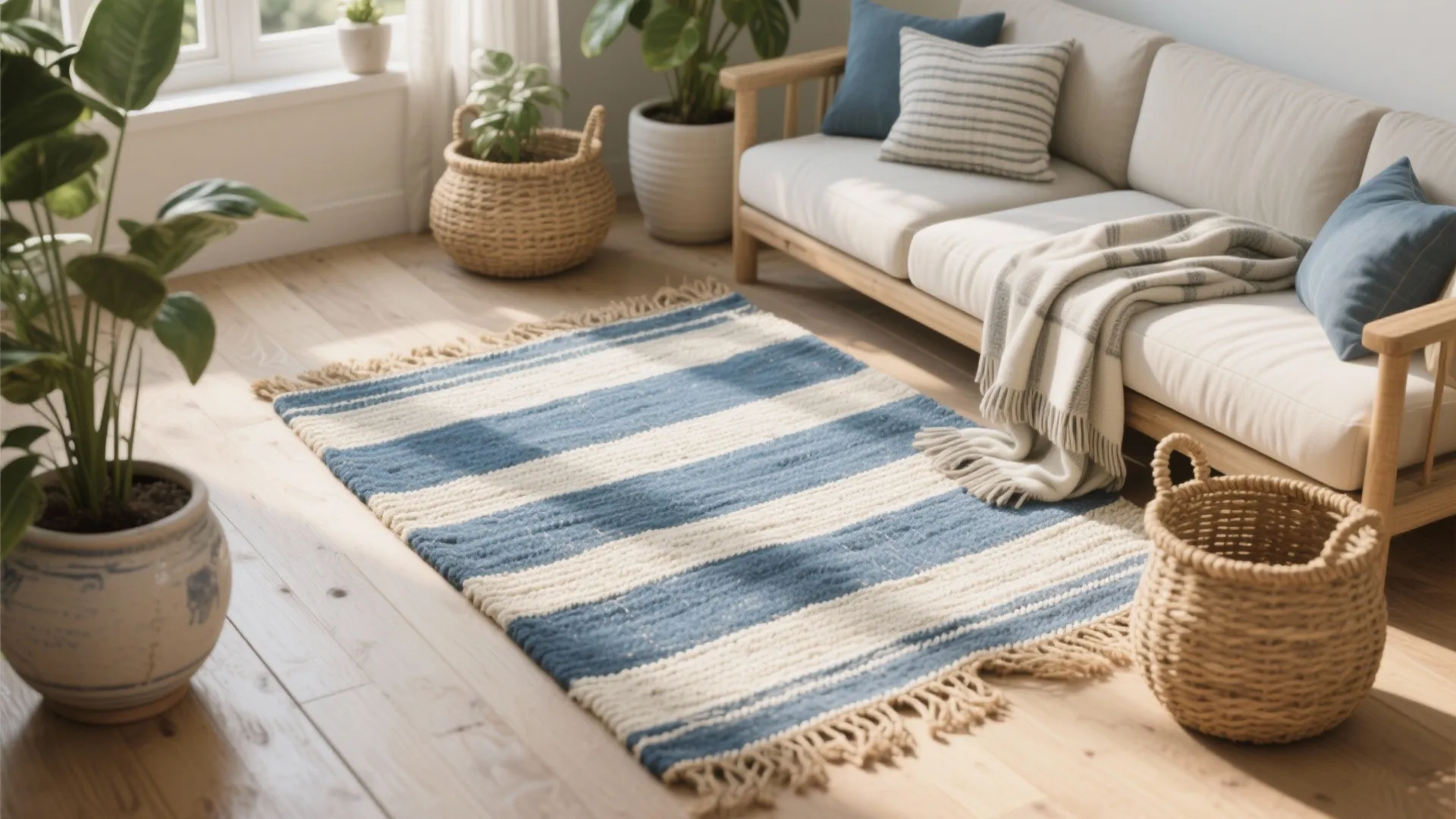 Blue and white striped rug on wooden floor with beige sofa and green potted indoor plants