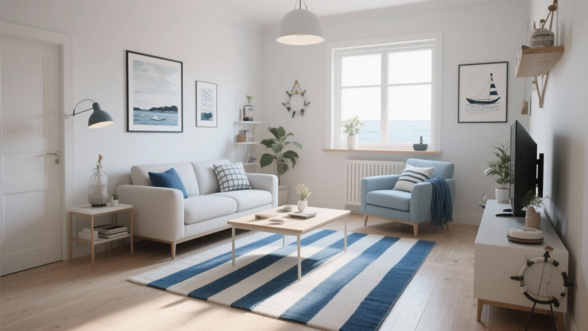 4. Blue and White Striped Rug