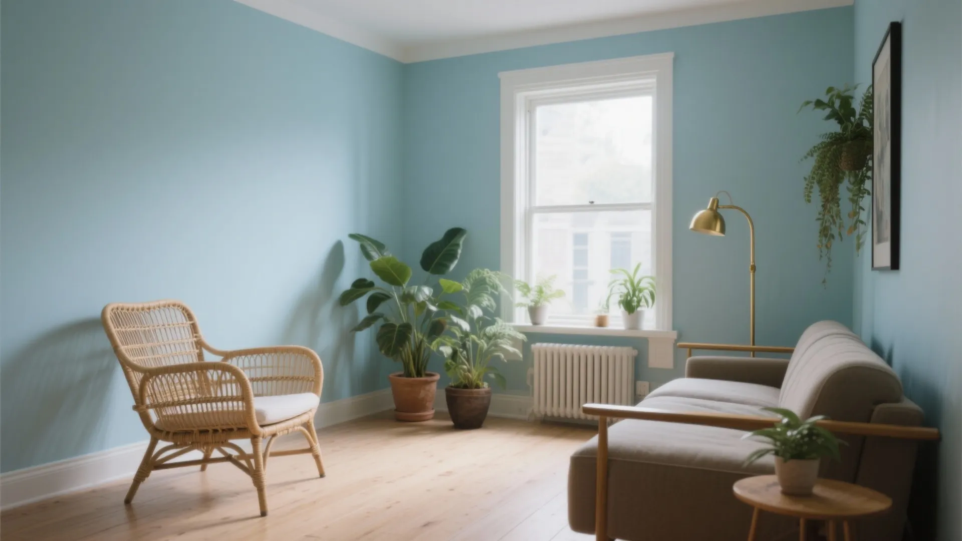 Light blue living room with a wicker chair and sofa beside plants and wooden floor