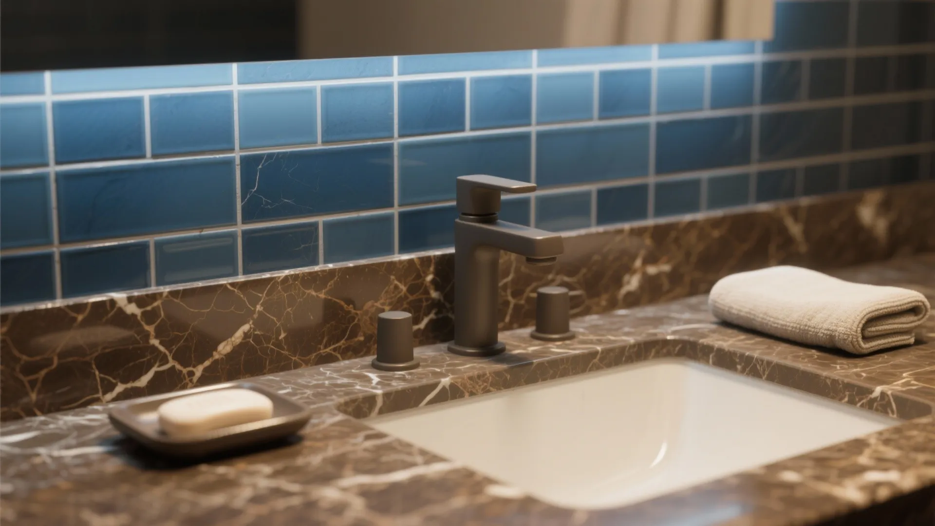 3. Blue Subway Tile Backsplash + Brown Marble Countertop