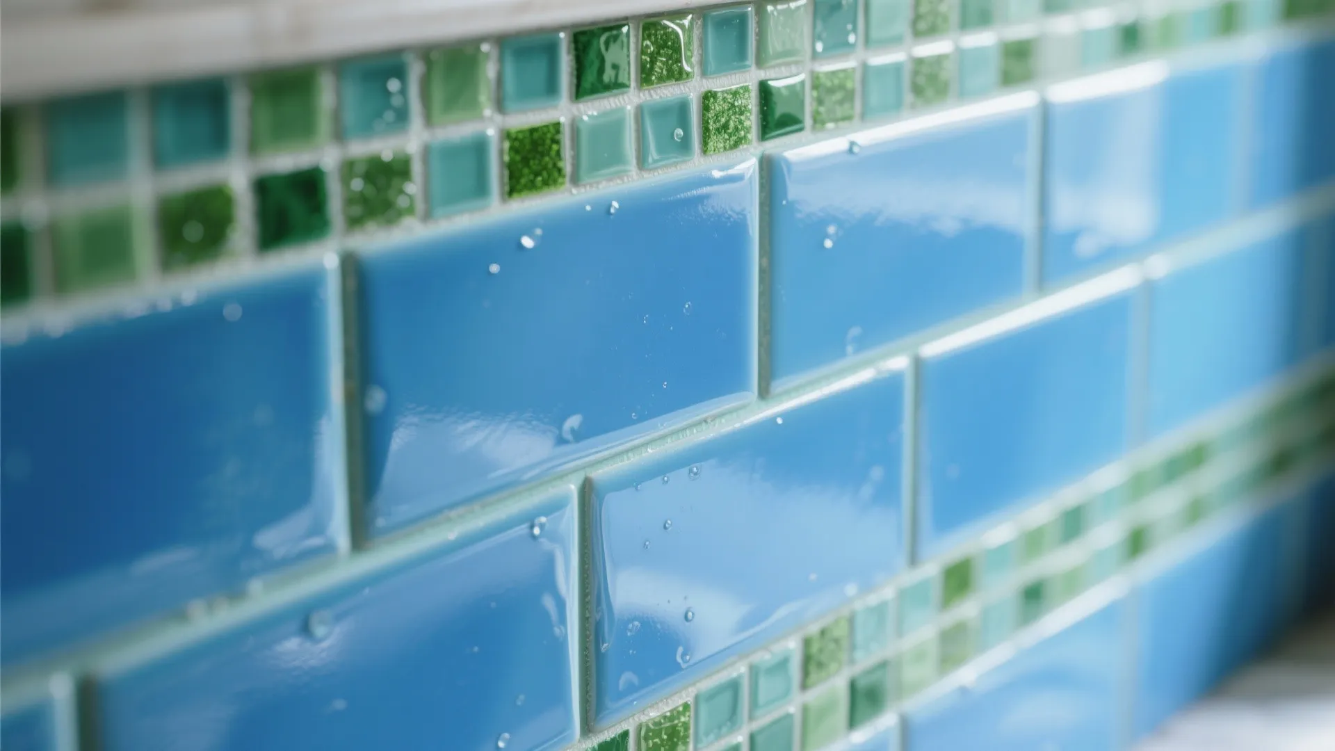 2. Blue subway tiles with green grout or accents