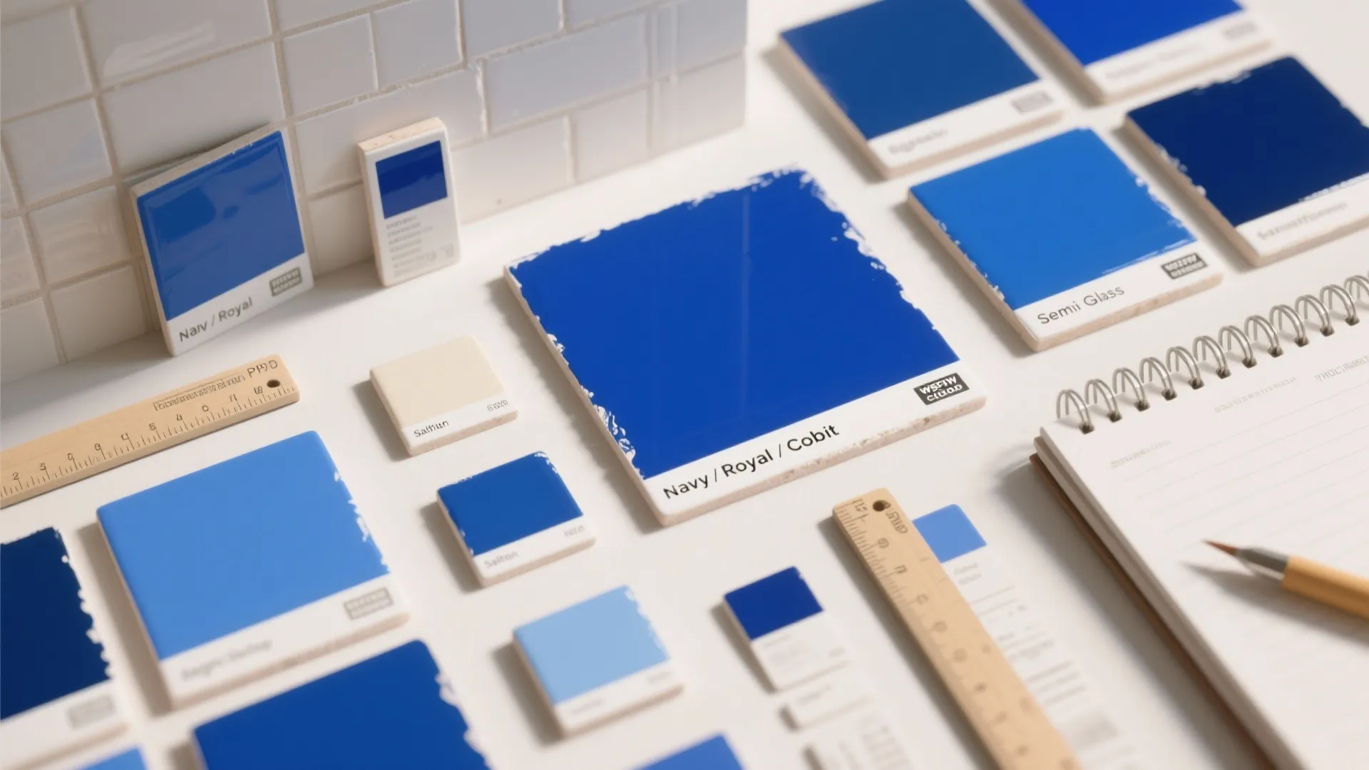 Collection of blue tile samples on a white desk with wooden ruler and spiral notebook