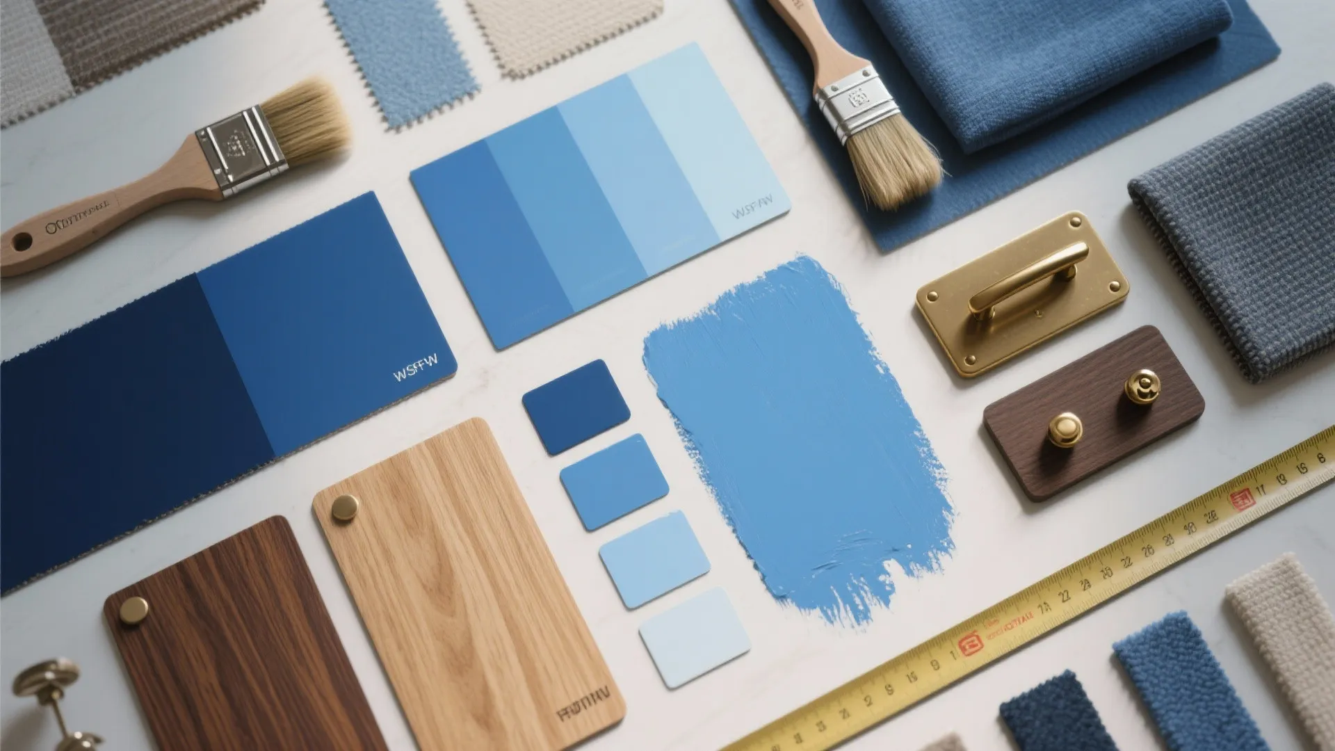 Top-down flatlay of blue paint chips, wood veneers, brass samples and fabric swatches for testing blue pairings.