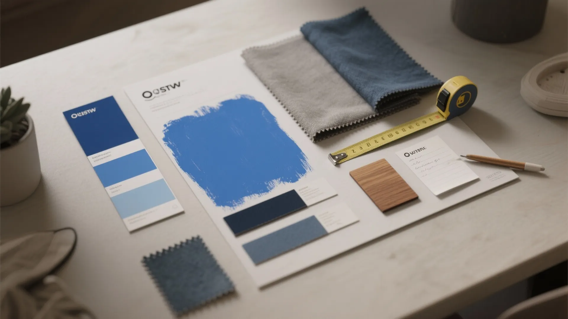 Interior design mood board with blue paint swatches fabric samples wood piece and yellow tape measure