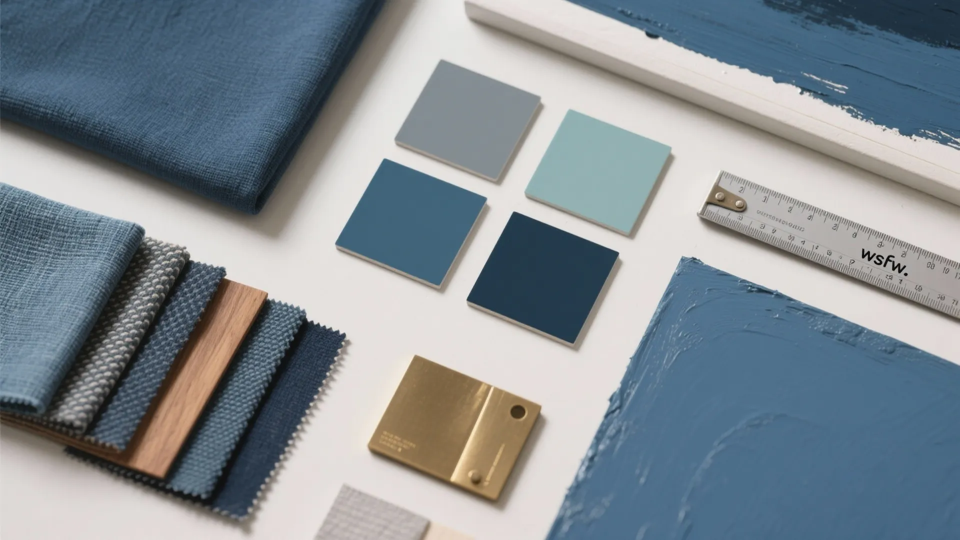 Interior design mood board with blue fabric samples, color tiles, wood pieces, and metal ruler