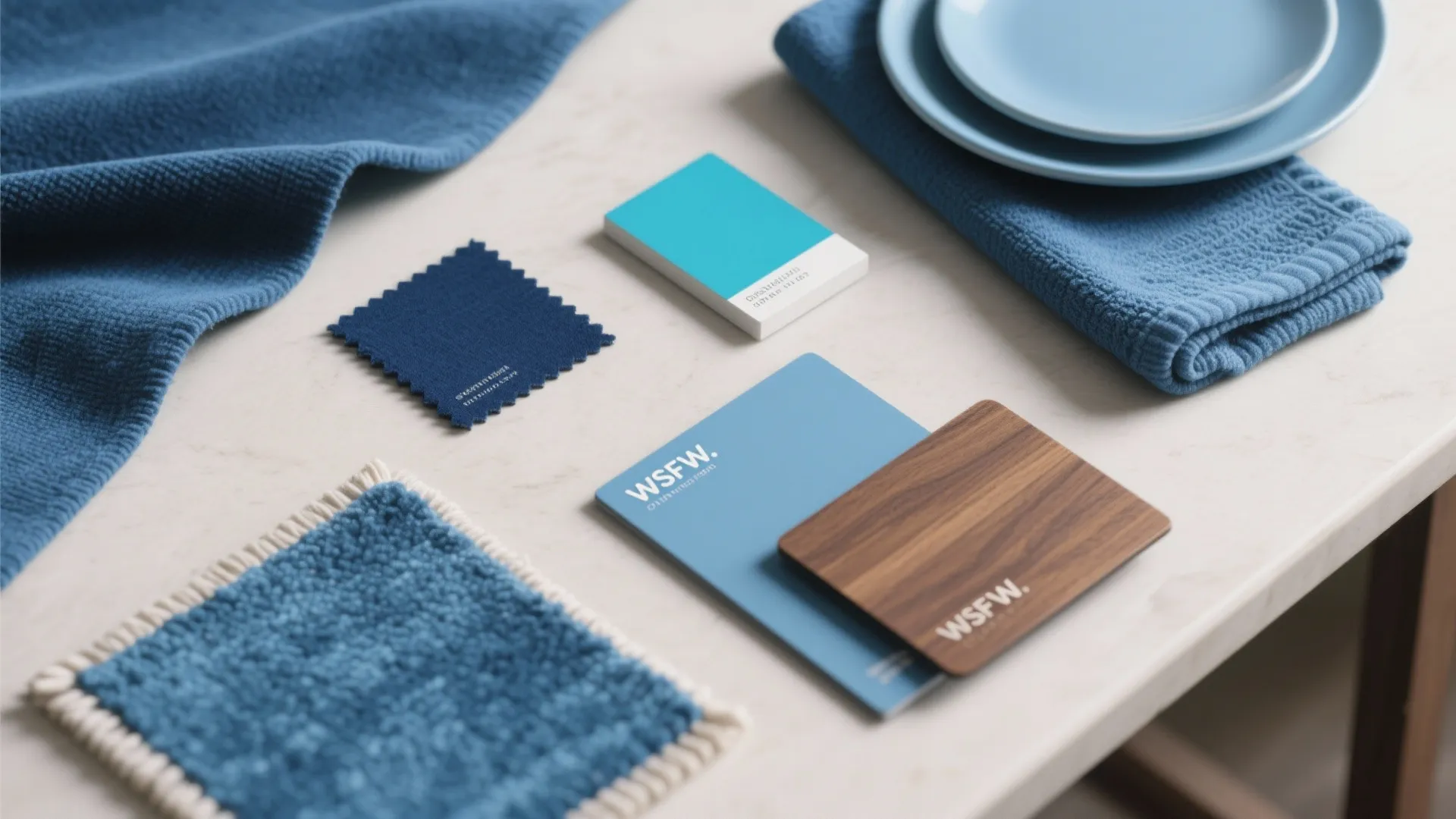 Interior design mood board with blue fabric samples wood texture color cards and ceramic plates