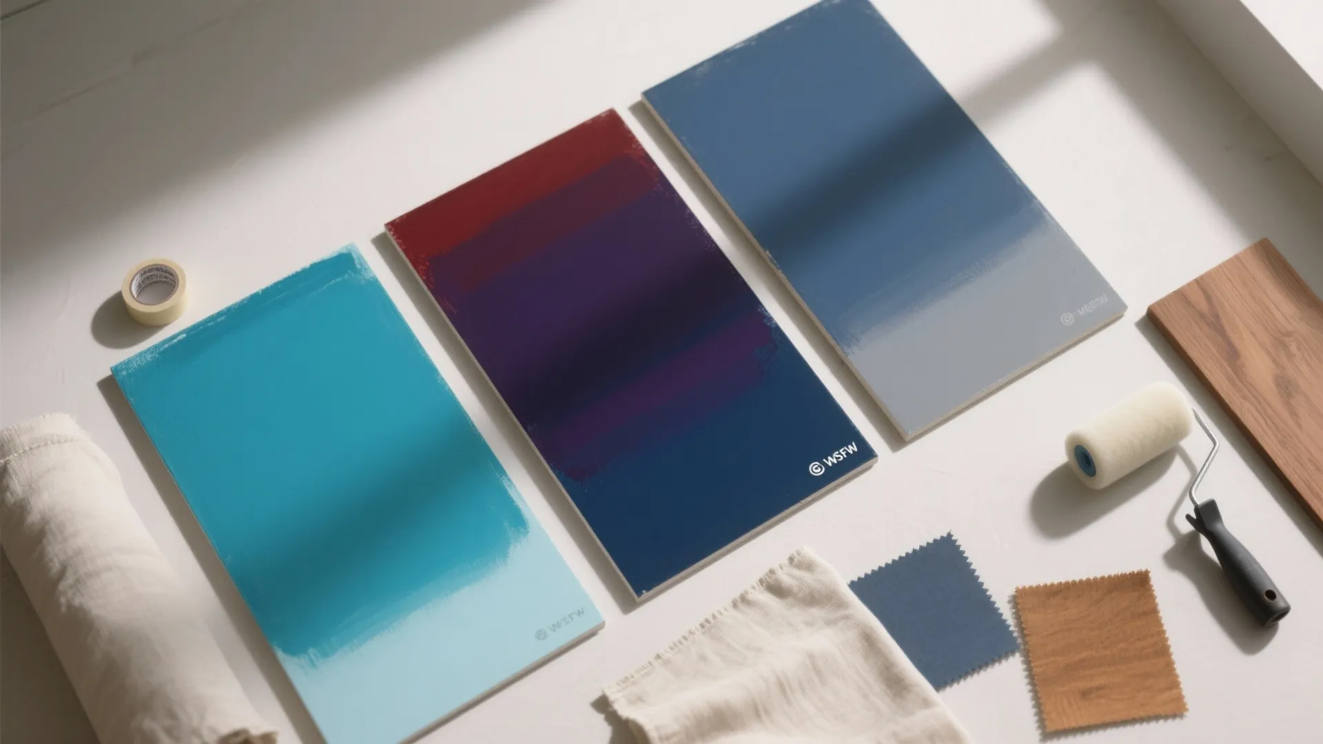 Three blue paint swatches on table with paint roller wood sample and small fabric pieces