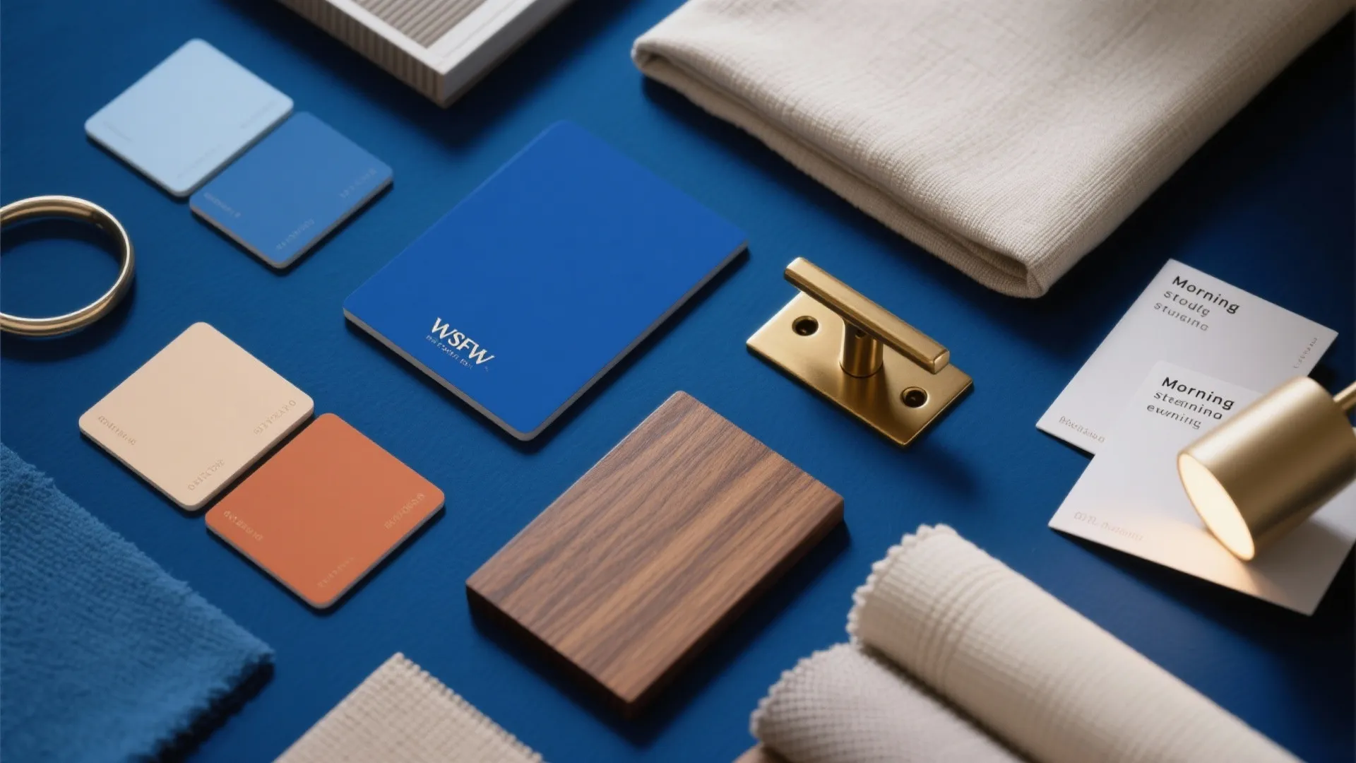 Interior design mood board with color samples wood piece fabric gold handle and small light