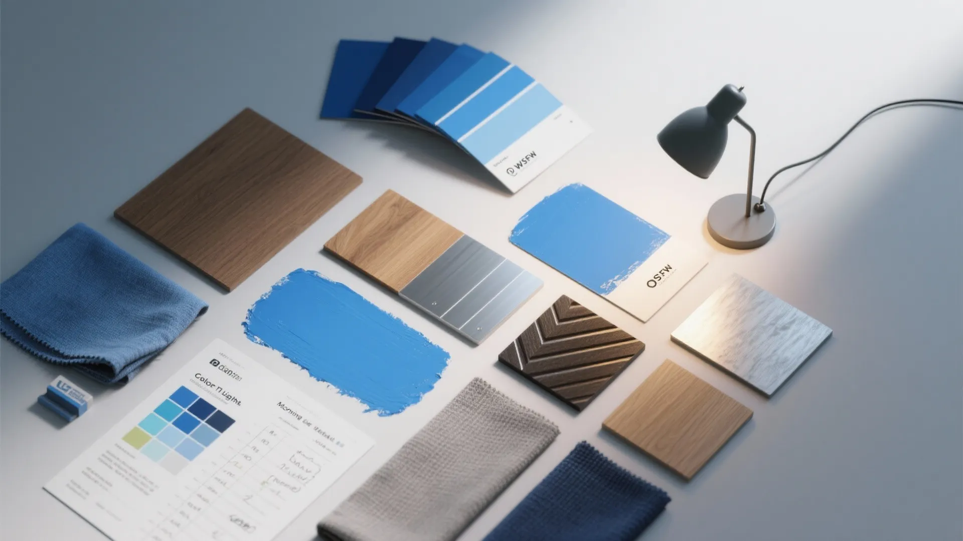 Blue paint swatches, wood samples, fabric pieces, desk lamp, and color chart on white tabletop