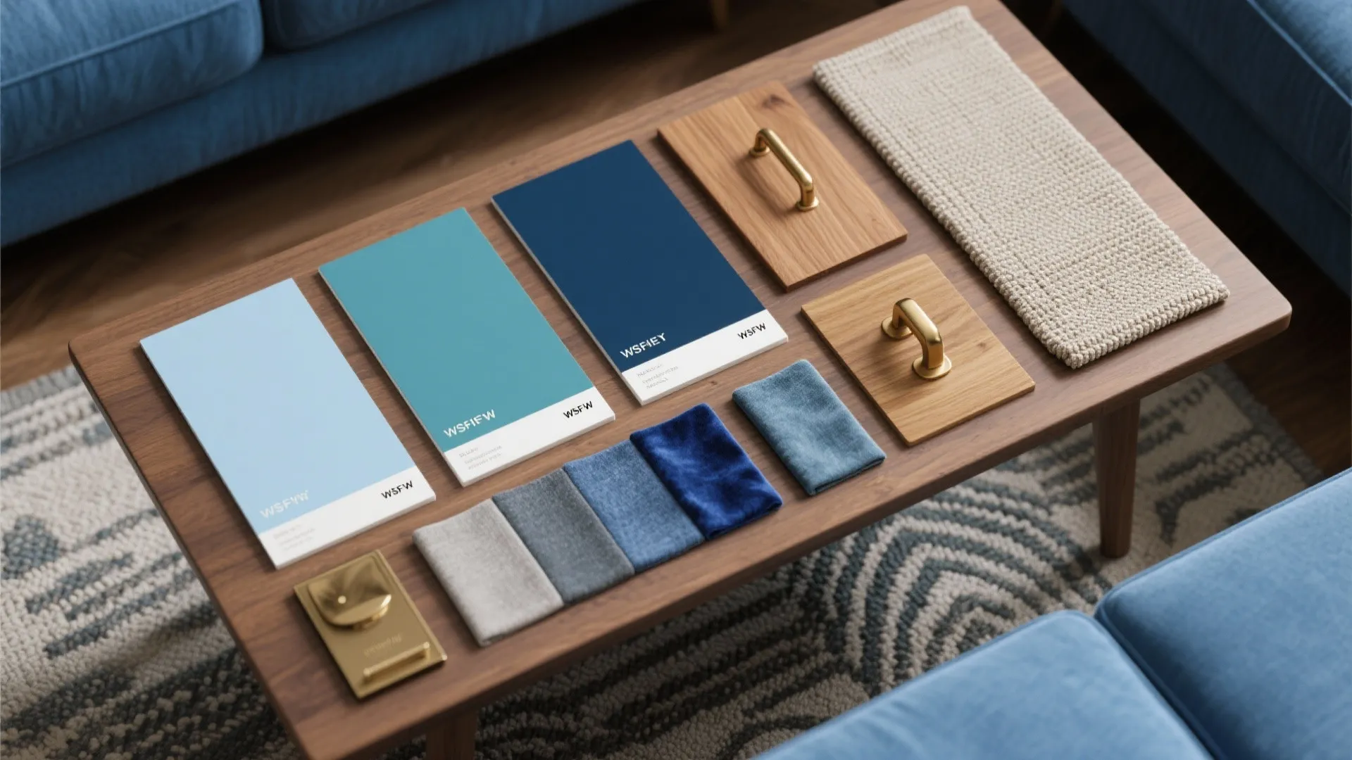 Interior design material board with blue color cards fabric samples wood pieces and metal handles