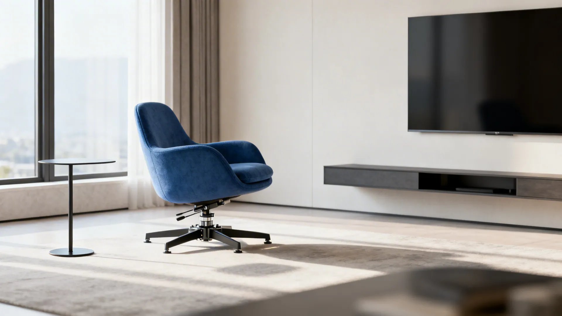 Small living room with a compact blue swivel chair turned toward a window and conversation area.